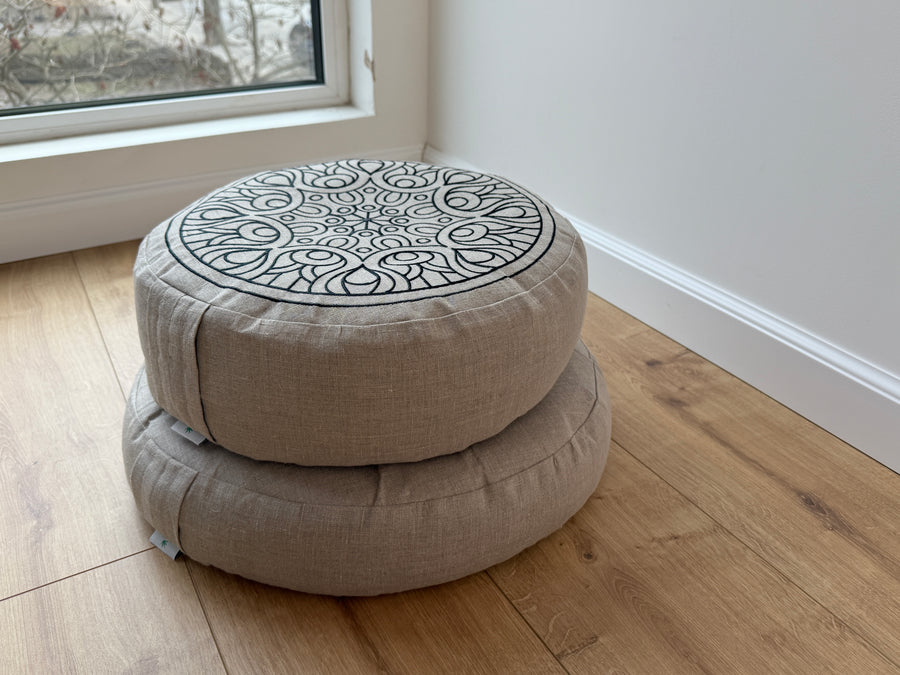 Embroidery Zafu Linen floor cushion with Buckwheat hulls /Organic Meditation cushion/ pillow seat/Meditation pillow for Yoga studio (Copy)