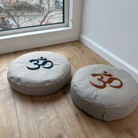 Embroidery Zafu OM Linen floor cushion with Buckwheat hulls /Organic Meditation cushion/ pillow seat