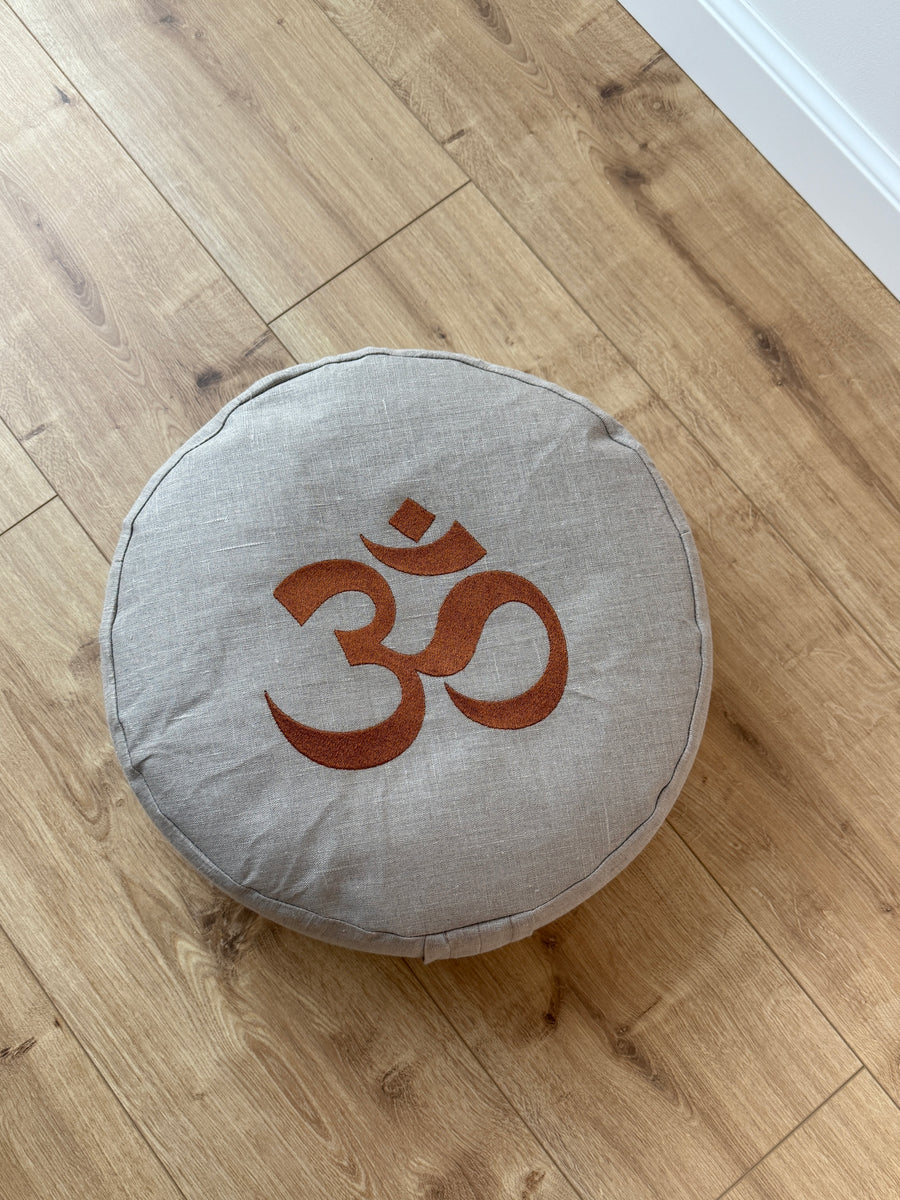 Embroidery Zafu OM Linen floor cushion with Buckwheat hulls /Organic Meditation cushion/ pillow seat