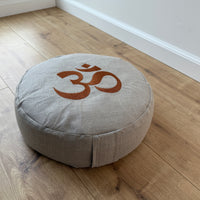 Embroidery Zafu OM Linen floor cushion with Buckwheat hulls /Organic Meditation cushion/ pillow seat