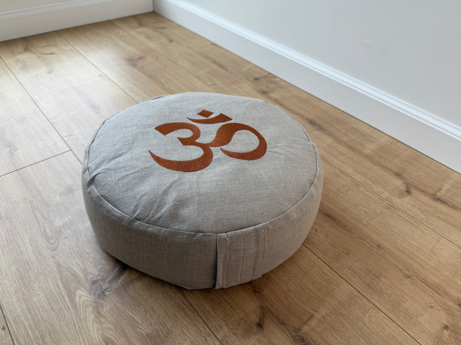 Embroidery Zafu OM Linen floor cushion with Buckwheat hulls /Organic Meditation cushion/ pillow seat