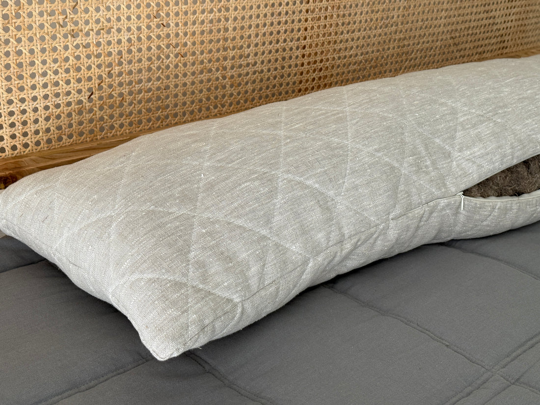 Quilted Hemp Body Pillow Filled Breathable Hemp Fiber Filler in Natural Linen Fabric / Side Sleeper Support Pillow with regulation height