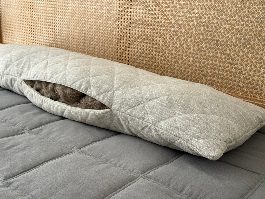 Quilted Hemp Body Pillow Filled Breathable Hemp Fiber Filler in Natural Linen Fabric / Side Sleeper Support Pillow with regulation height