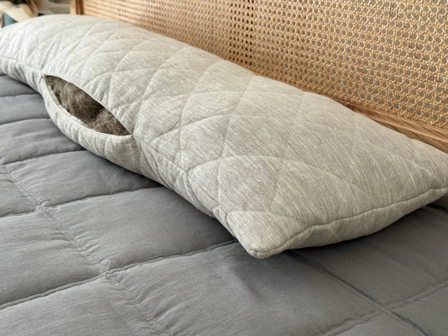 Quilted Hemp Body Pillow Filled Breathable Hemp Fiber Filler in Natural Linen Fabric / Side Sleeper Support Pillow with regulation height