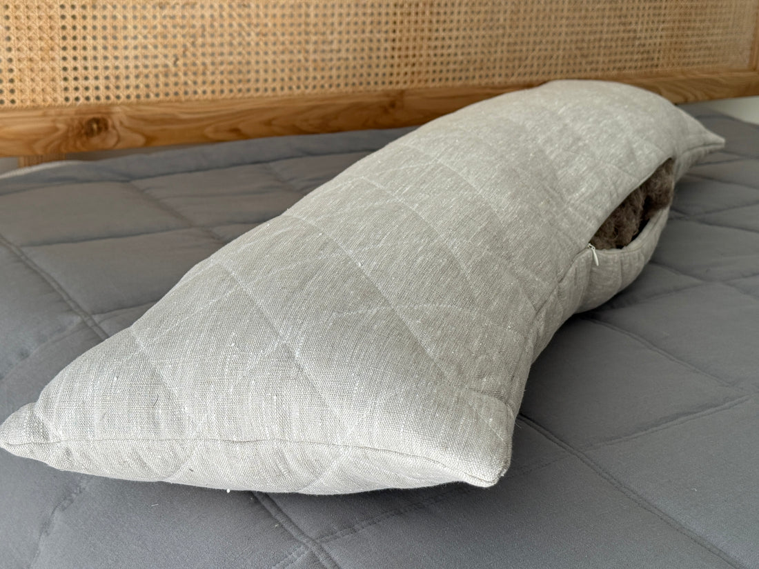 Quilted Hemp Body Pillow Filled Breathable Hemp Fiber Filler in Natural Linen Fabric / Side Sleeper Support Pillow with regulation height