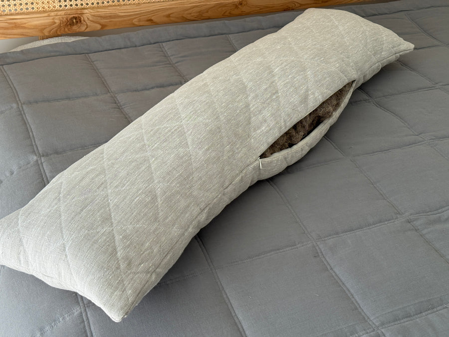 Quilted Hemp Body Pillow Filled Breathable Hemp Fiber Filler in Natural Linen Fabric / Side Sleeper Support Pillow with regulation height