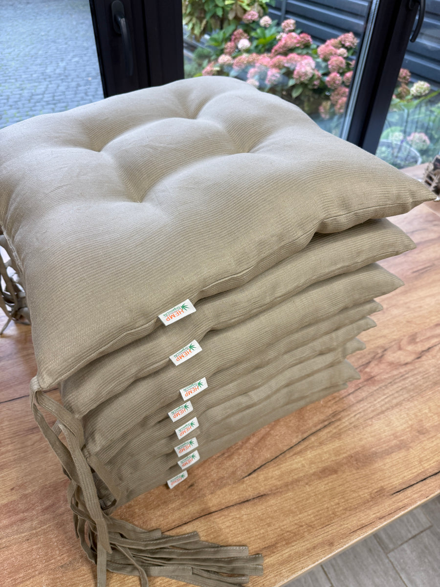 Hemp Linen seat cushion in Stripe for chair with ties filled organic hemp fiber in Natural Linen fabric in Stripe Chair Cushion Pillow seat