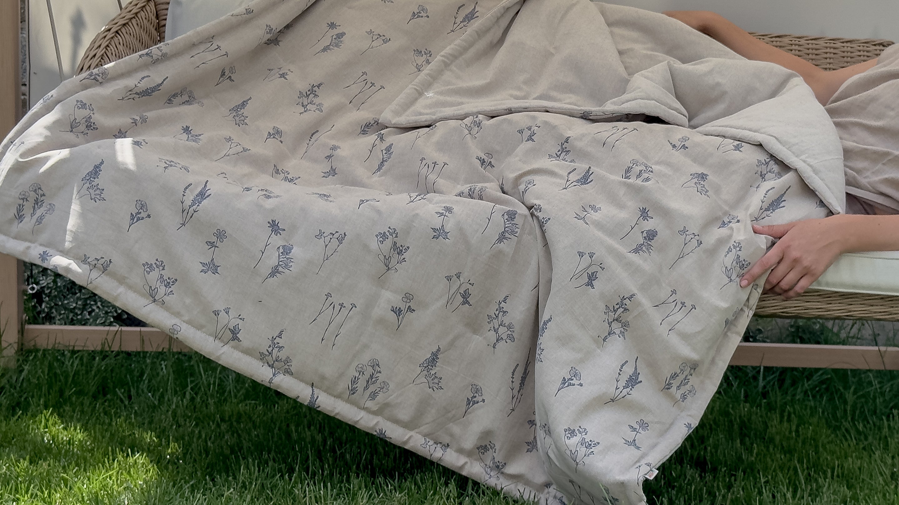 Natural Hemp Blanket in floral design natural linen fabric filled organic Hemp fiber filler Custom size Blanket
