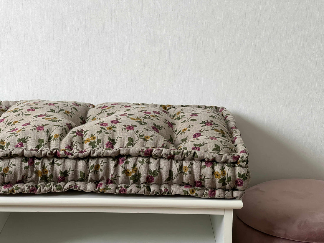 Hemp 14"x37.5" (35х95cm) Window Mudroom Floor bench cushion "Flowers" filled organic hemp fiber in natural non-dyed linen fabric