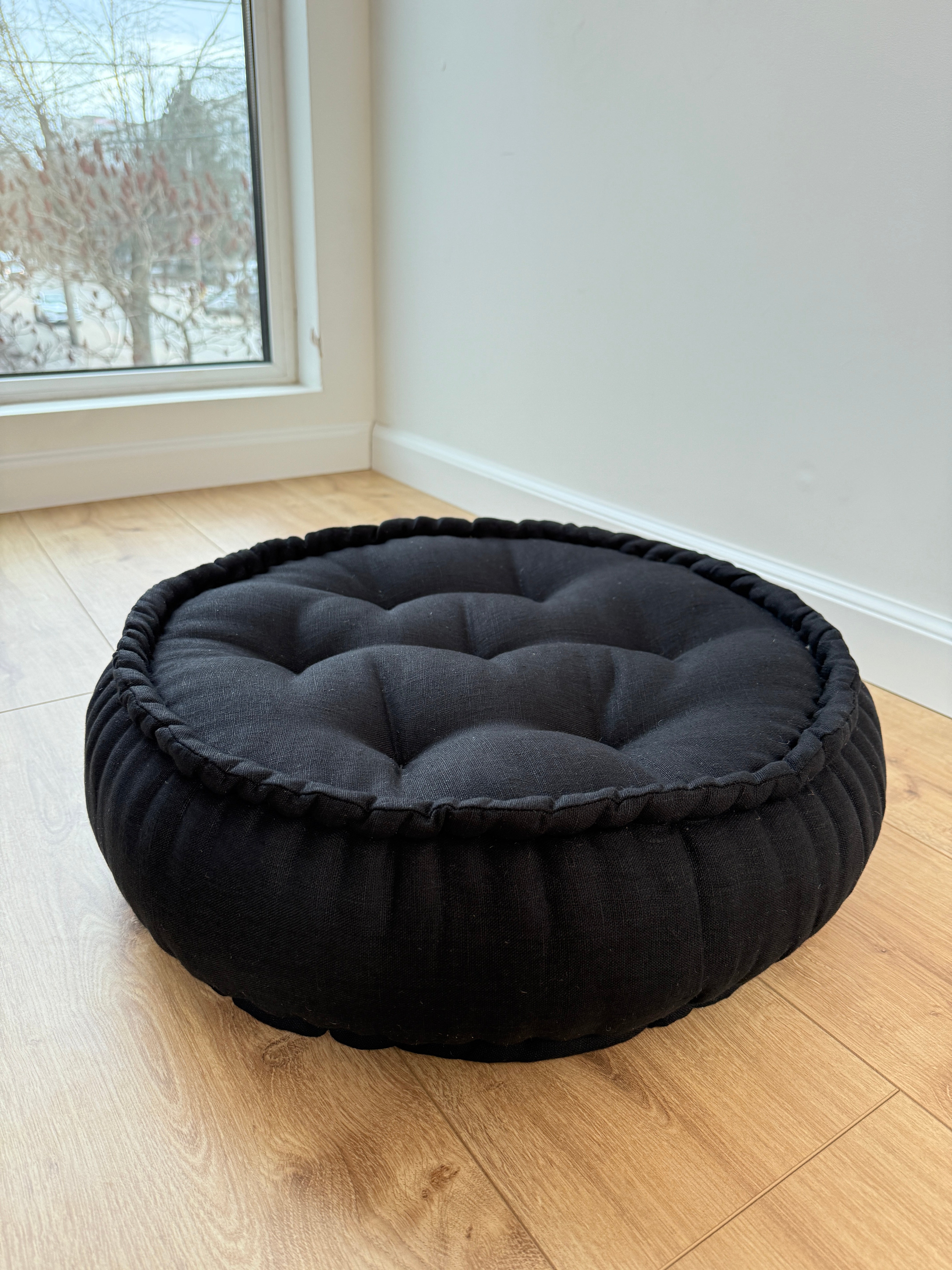 Black Round Hemp Linen Floor Cushion 6" (16cm) filled Organic Hemp Fiber in natural Linen fabric Meditation pillow seat custom made size