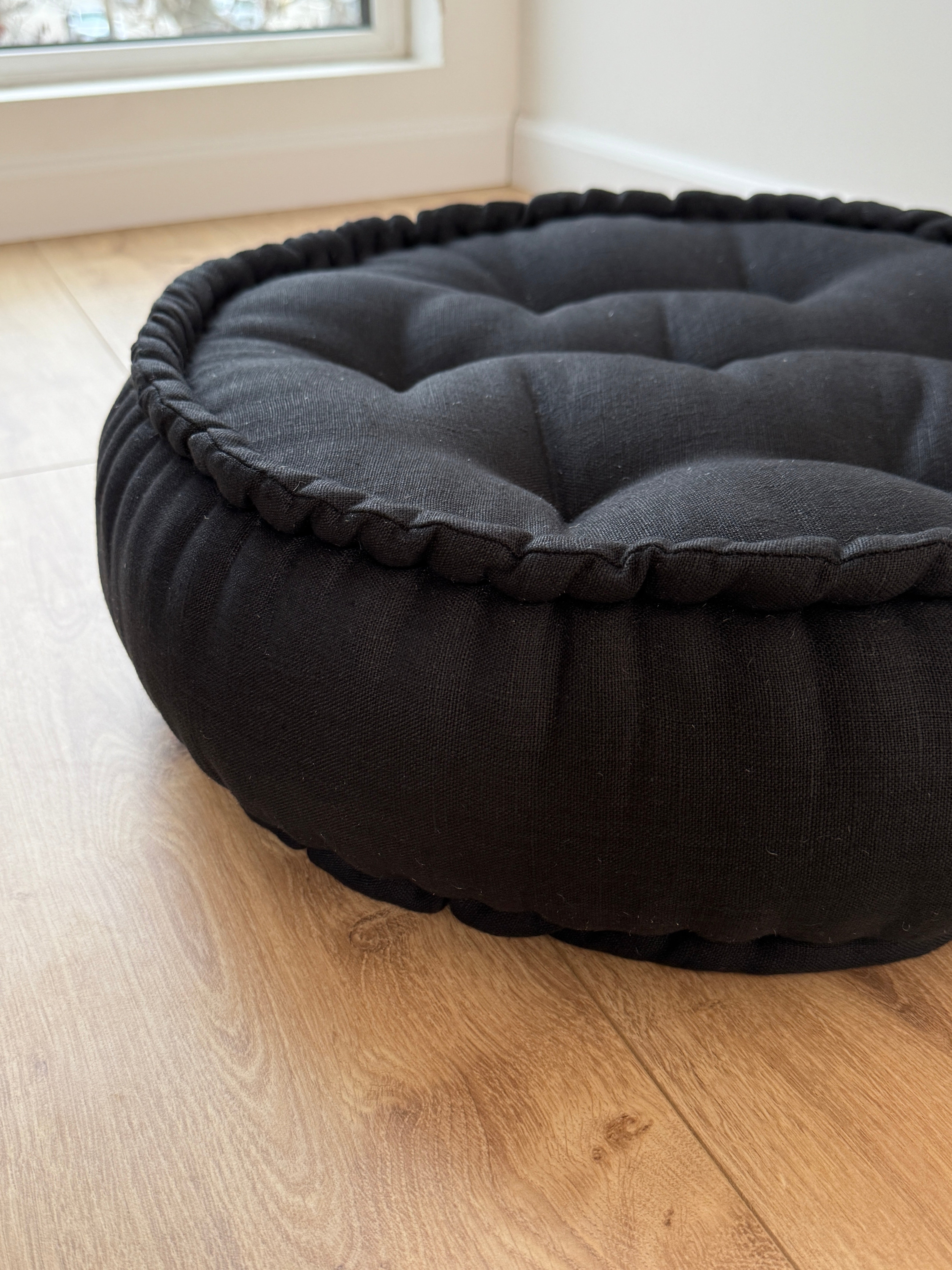 Black Round Hemp Linen Floor Cushion 6" (16cm) filled Organic Hemp Fiber in natural Linen fabric Meditation pillow seat custom made size