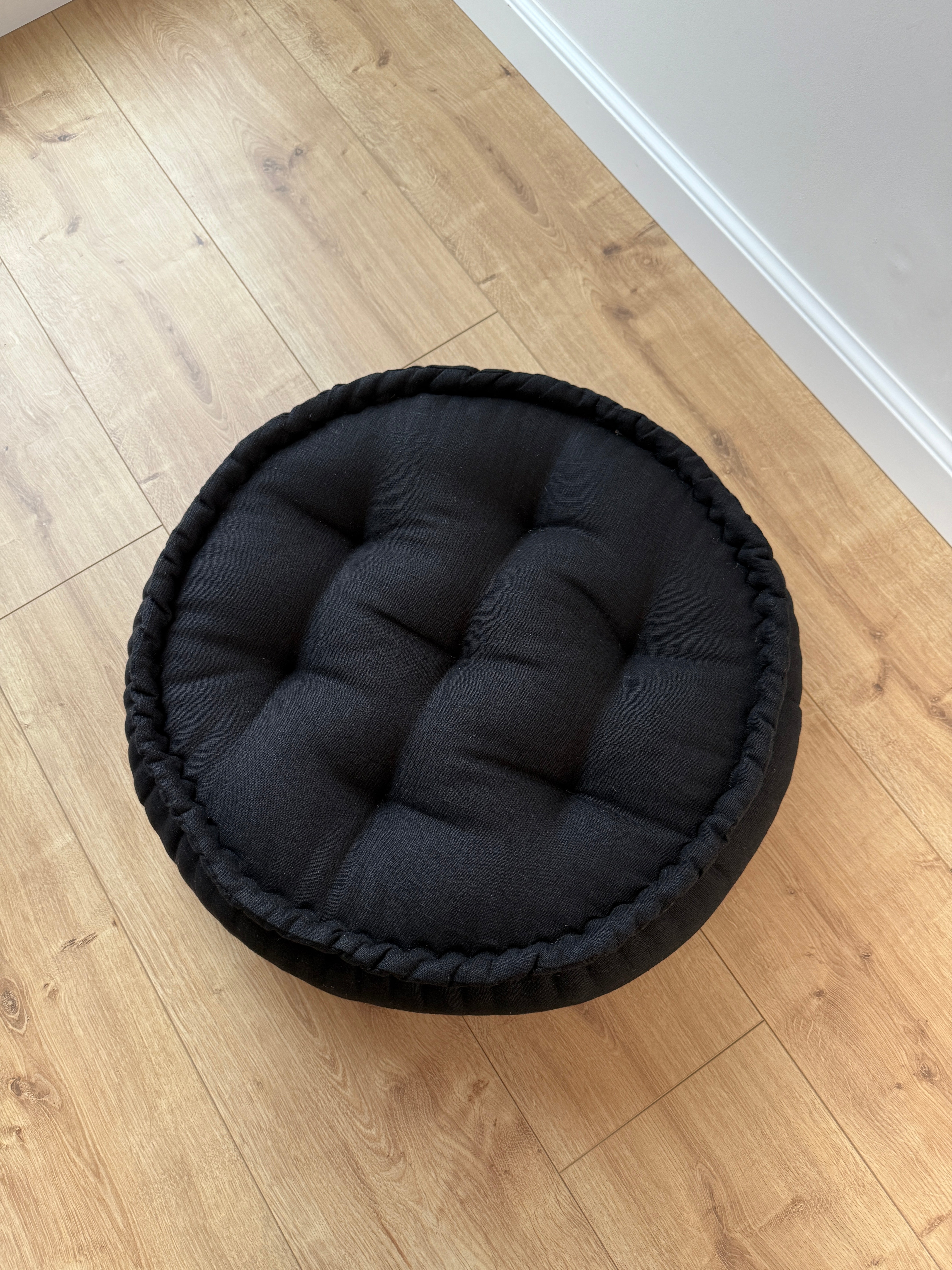 Black Round Hemp Linen Floor Cushion 6" (16cm) filled Organic Hemp Fiber in natural Linen fabric Meditation pillow seat custom made size