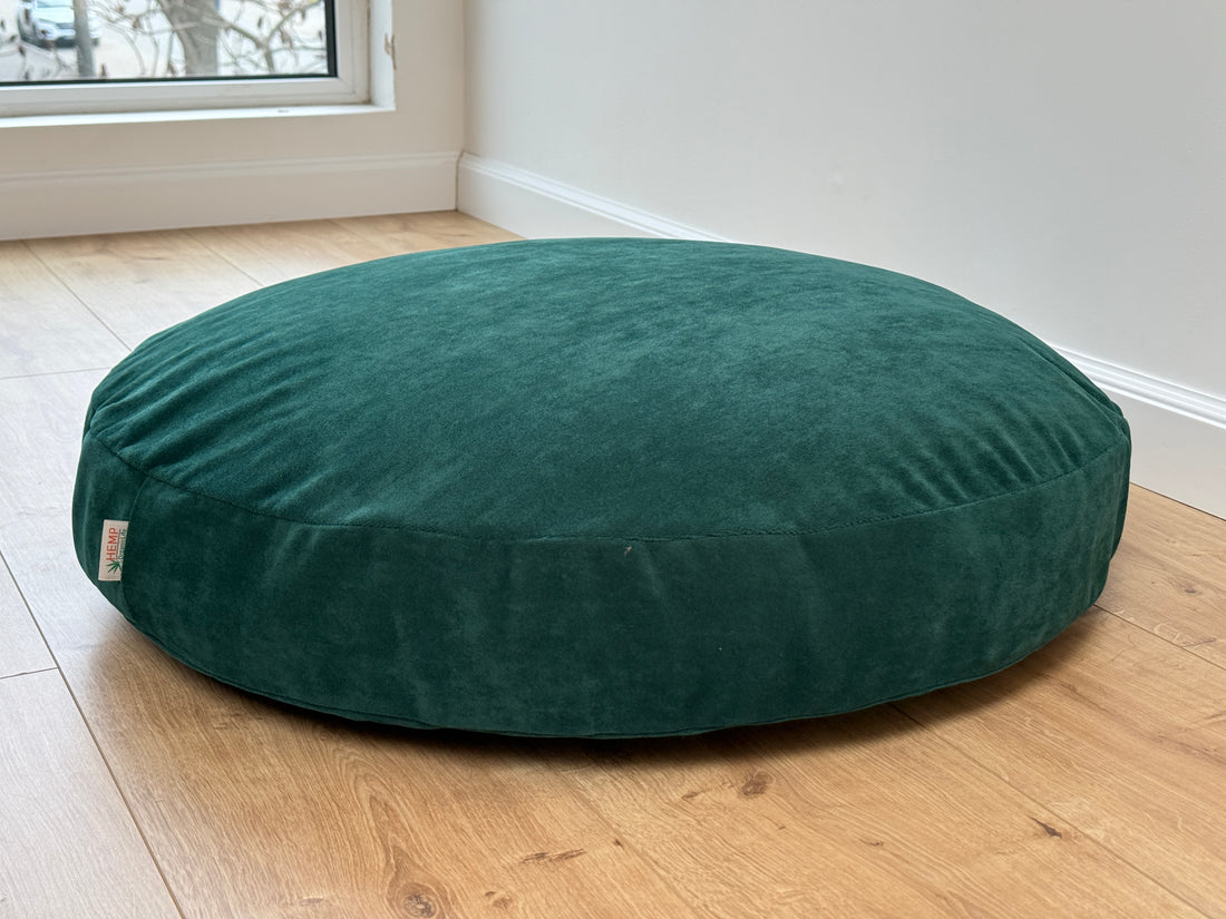 Round Hemp Cushion with Removable Green Velvet Cotton Cover Hemp Fiber Filling in Italian velvet fabric Floor cushion pillow custom made