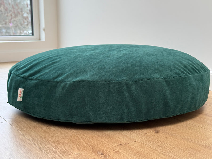 Round Hemp Cushion with Removable Green Velvet Cotton Cover Hemp Fiber Filling in Italian velvet fabric Floor cushion pillow custom made