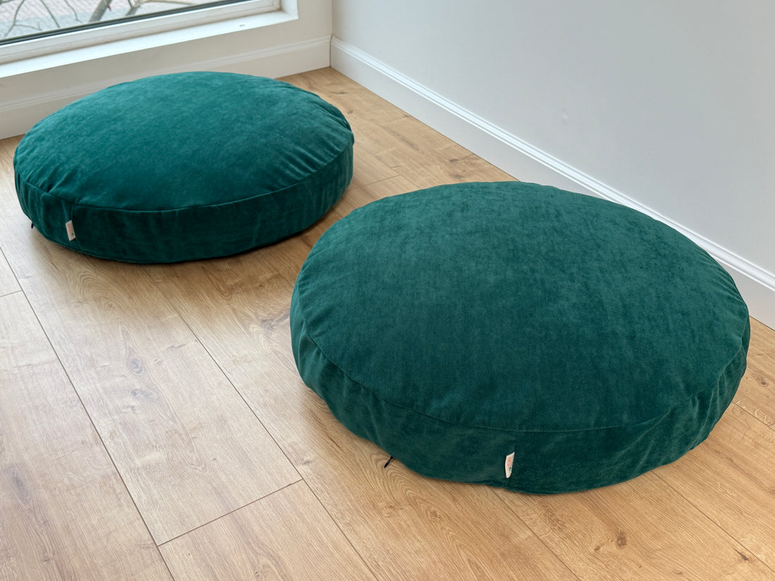 Round Hemp Cushion with Removable Green Velvet Cotton Cover Hemp Fiber Filling in Italian velvet fabric Floor cushion pillow custom made