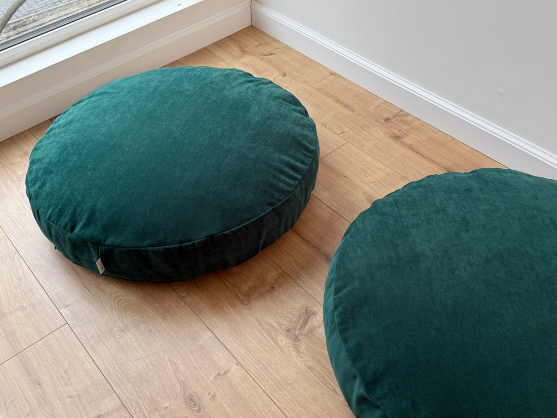 Round Hemp Cushion with Removable Green Velvet Cotton Cover Hemp Fiber Filling in Italian velvet fabric Floor cushion pillow custom made