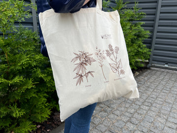 Tote Bag Canvas Bag "Hemp Organic Life" Natural Shopping Bag with print of plants Hemp Linen Buckwheat Hulls Shoulder Bags