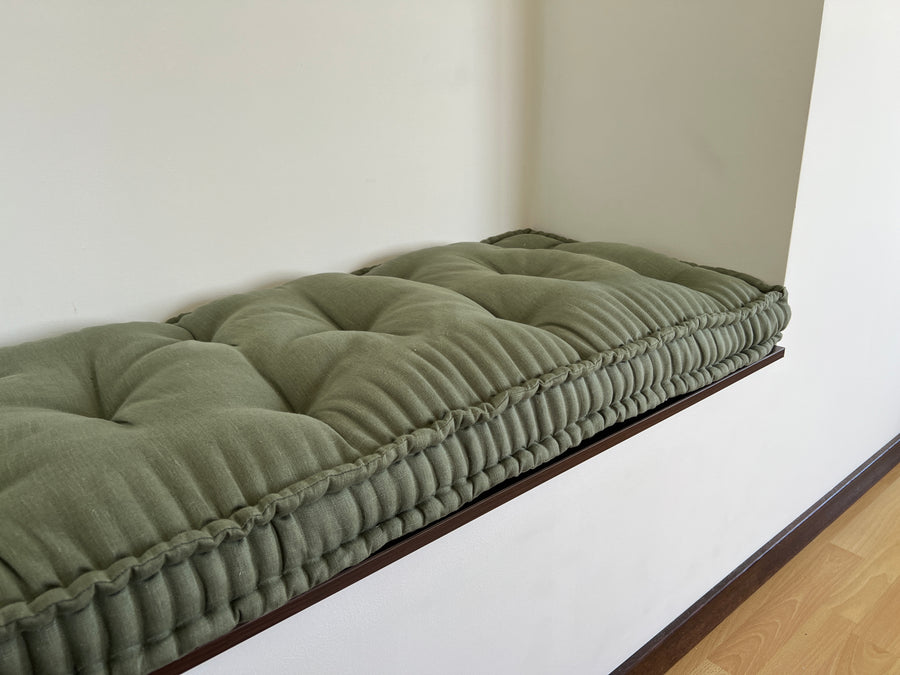 Hemp Custom made Window Mudroom Floor bench cushion filled organic hemp fiber in natural olive green linen fabric unique all natural pillow