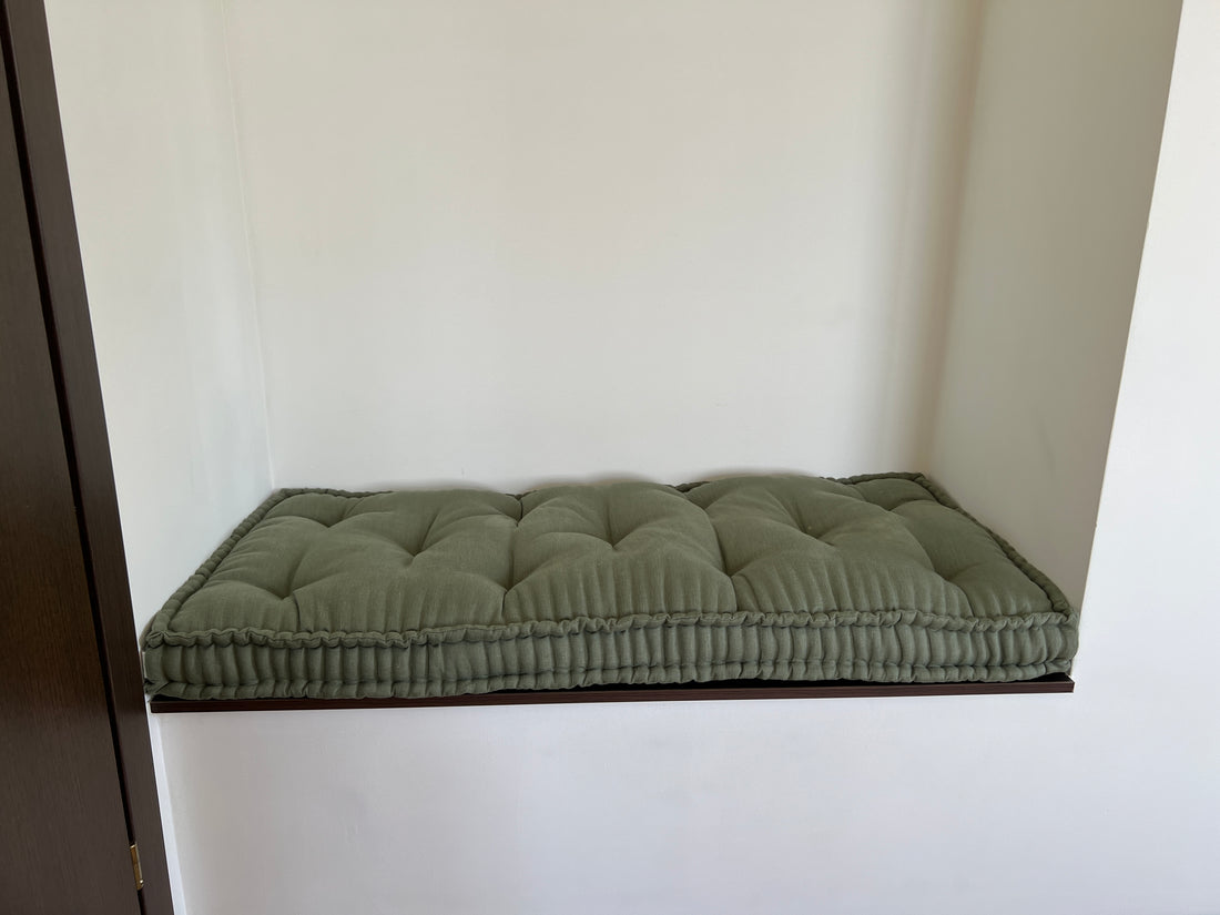 Hemp Custom made Window Mudroom Floor bench cushion filled organic hemp fiber in natural olive green linen fabric unique all natural pillow