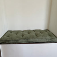 Hemp Custom made Window Mudroom Floor bench cushion filled organic hemp fiber in natural olive green linen fabric unique all natural pillow