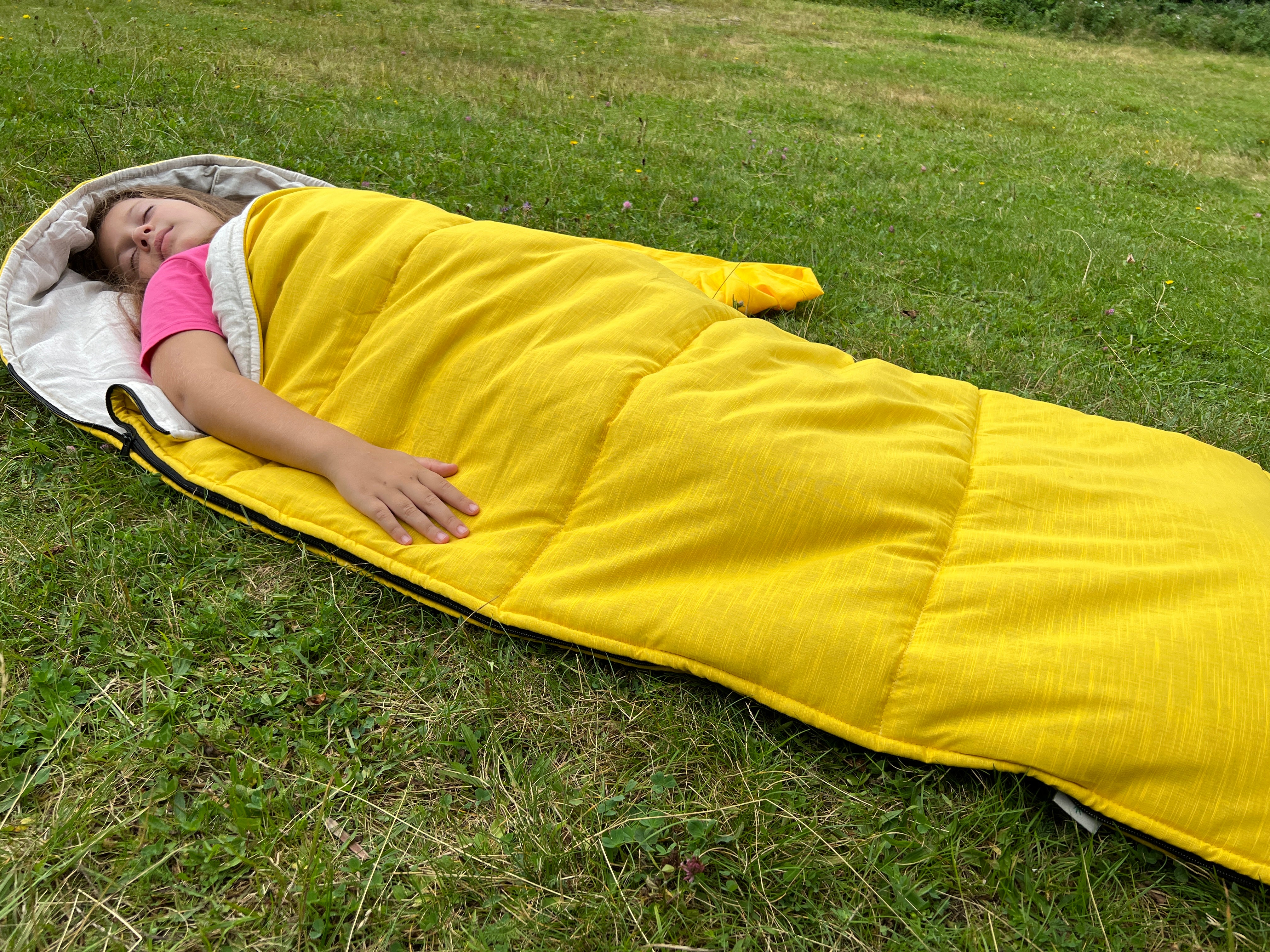 Toddler HEMP Linen Sleeping Bag with Hood School Yellow Nap mat for Kids, Toddler Nap Mat organic hemp fiber filling in hemp linen fabric