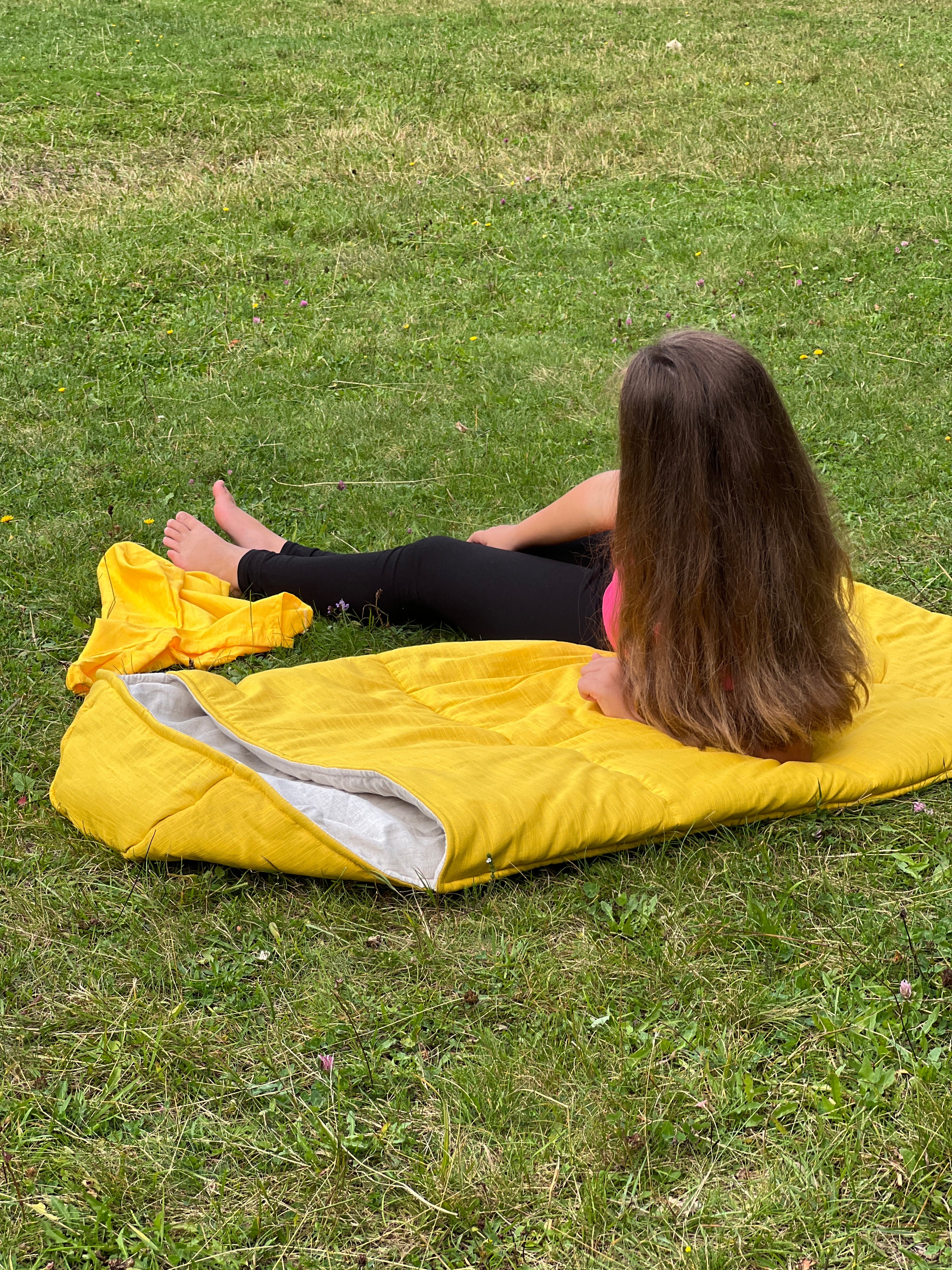 Toddler HEMP Linen Sleeping Bag with Hood School Yellow Nap mat for Kids, Toddler Nap Mat organic hemp fiber filling in hemp linen fabric