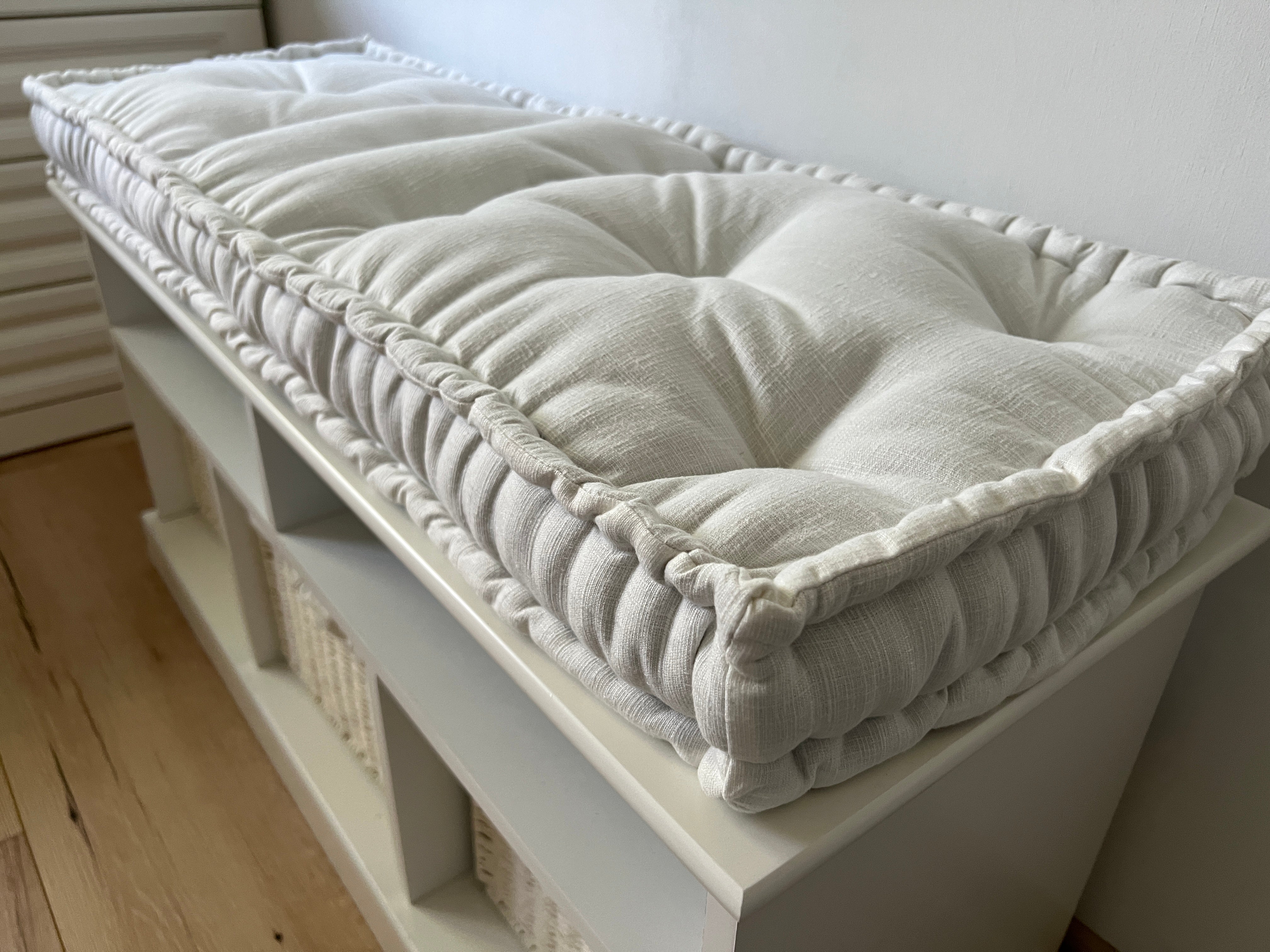 White Hemp Linen Window Mudroom Floor Bench Cushion filled organic Hemp Fiber filling in Linen Fabric Custom Made