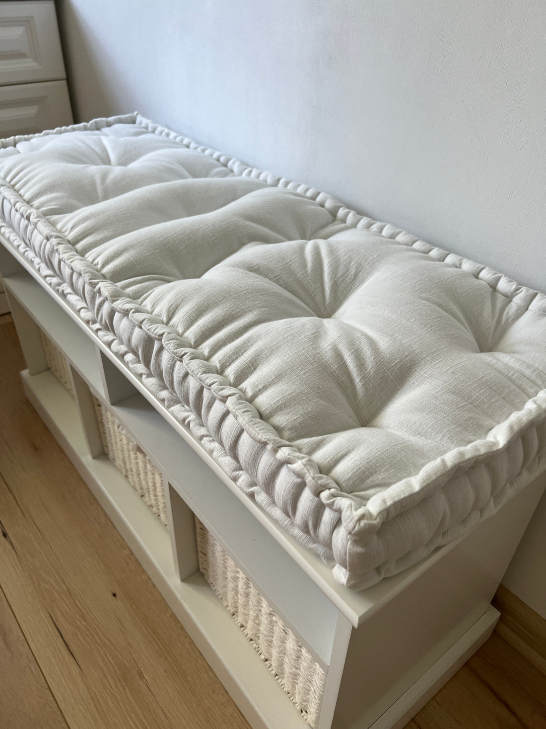 White Hemp Linen Window Mudroom Floor Bench Cushion filled organic Hemp Fiber filling in Linen Fabric Custom Made