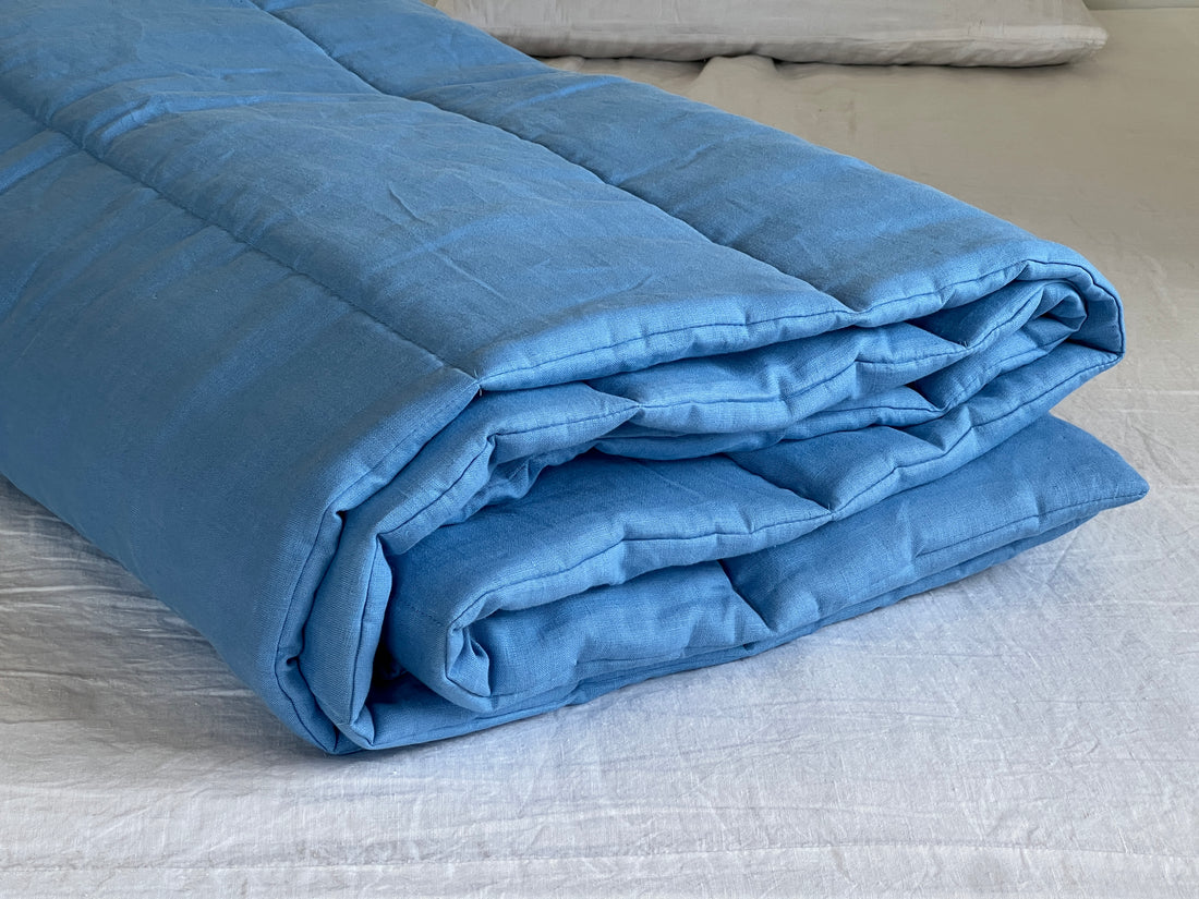 Blue Warm HEMP Linen Comforter Blanket Linen Fabric Filler Organic Hemp Fiber Eco friendly- Full Queen King Custom Size