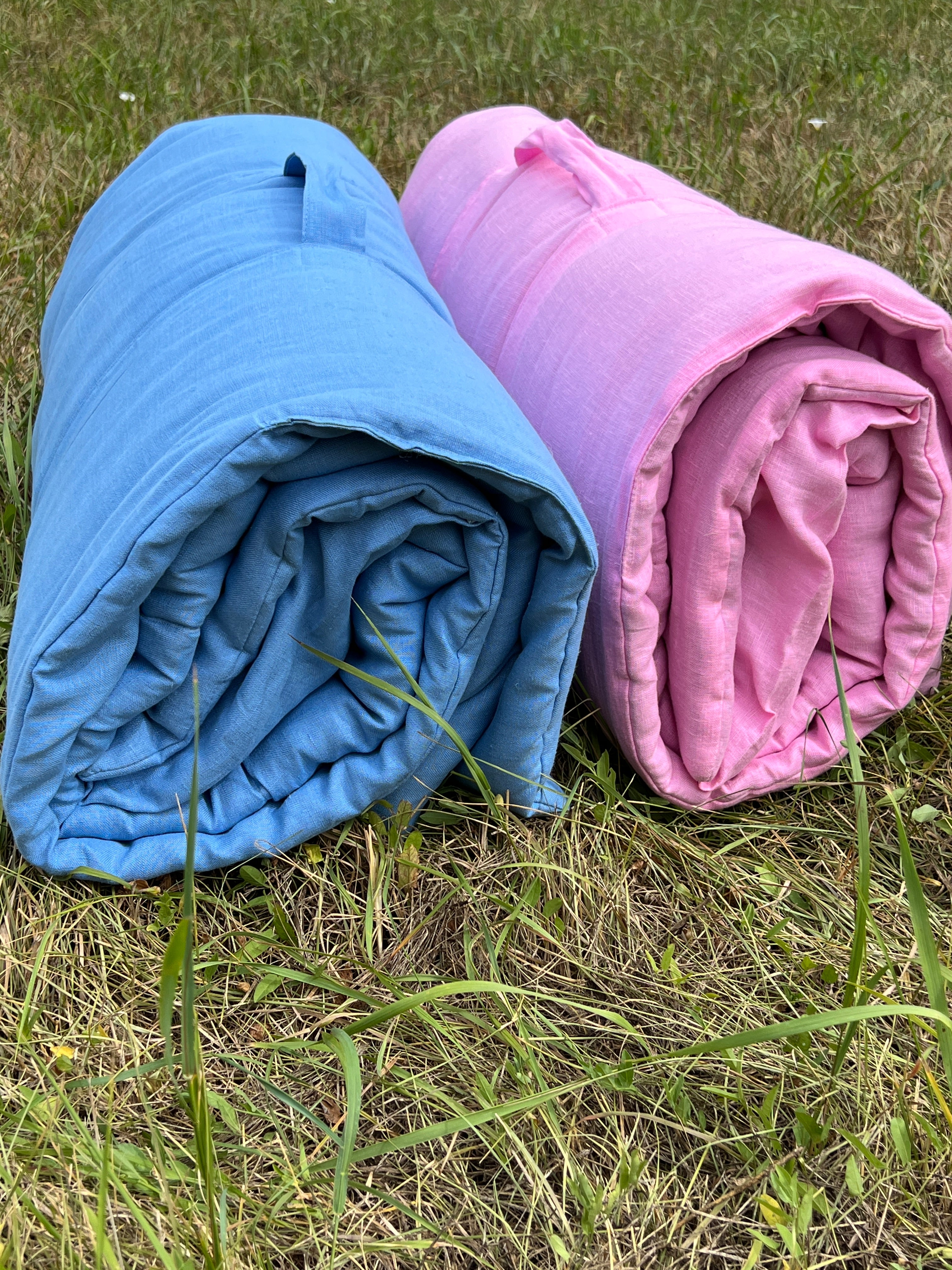 Kindergarten Hemp Linen Sleeping Bag with Pillow School Nap Mat Kids Organic Hemp Fiber Filling in blue Linen Fabric hand made