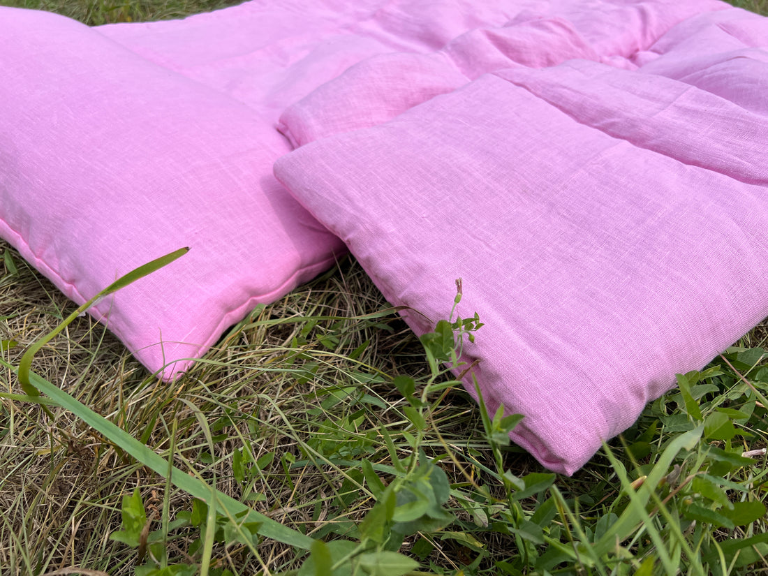 Pink Kindergarten Hemp Linen Sleeping Bag with Pillow School Nap Mat Kids Organic Hemp Fiber Filling in pink Linen Fabric hand made