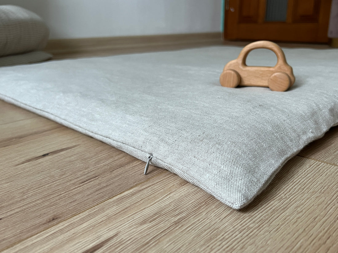 Natural Hemp Linen Play Mat with Linen Removable cover filled organic HEMP Fiber - cotton mat in non-dyed linen Nursery Baby Blanky padded