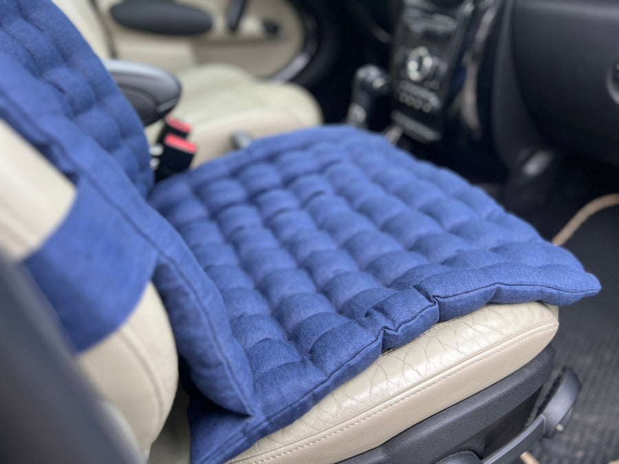 Linen Car Seat Cover filled Organic Buckwheat Hulls in Dark Blue Linen Fabric Massage Seat Cover Organic Eco-friendly seat Hand Made