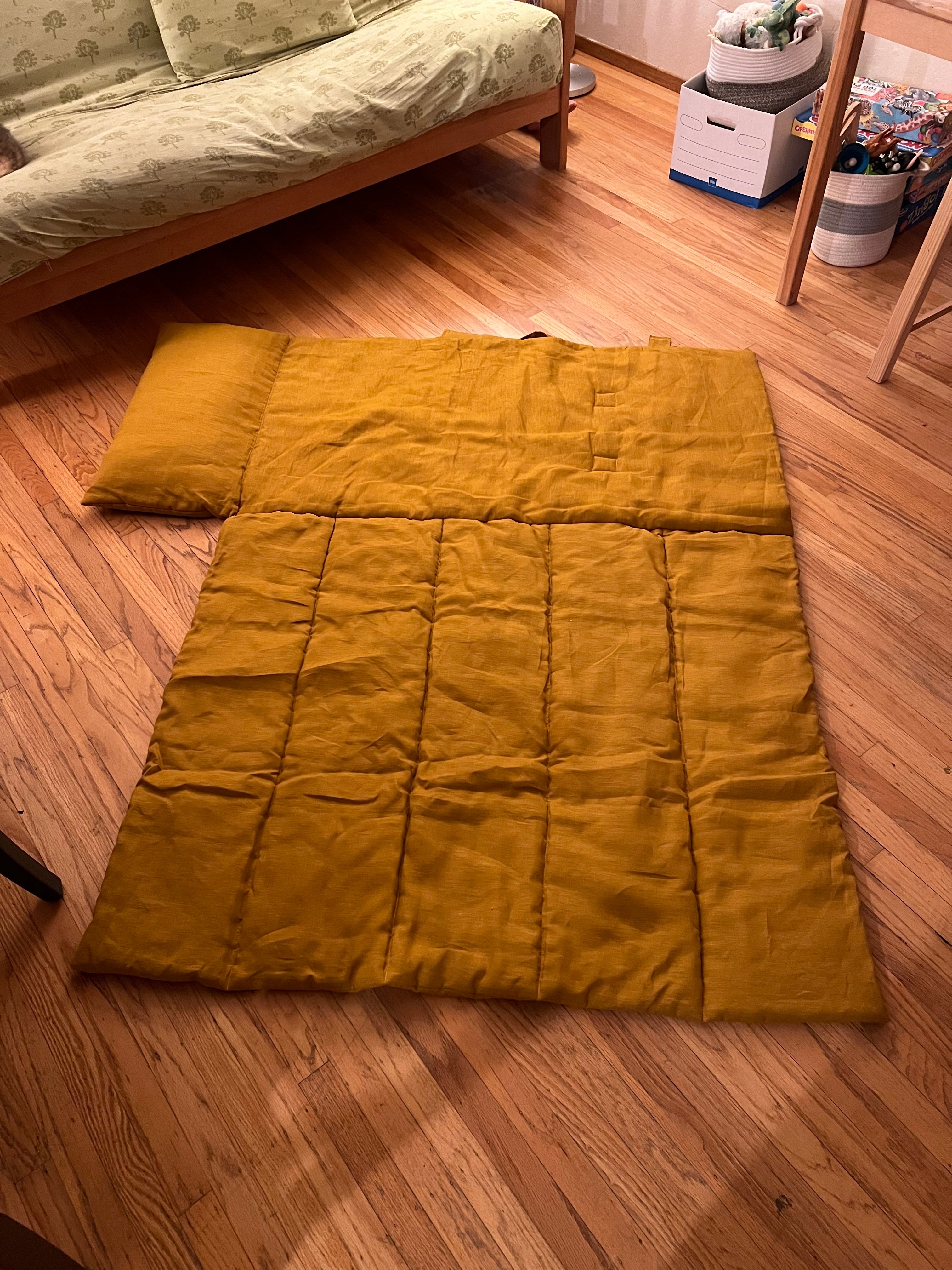 Kindergarten Hemp Linen Sleeping Bag with Pillow School Nap Mat Kids Organic Hemp Fiber Filling in mustard Linen Fabric hand made