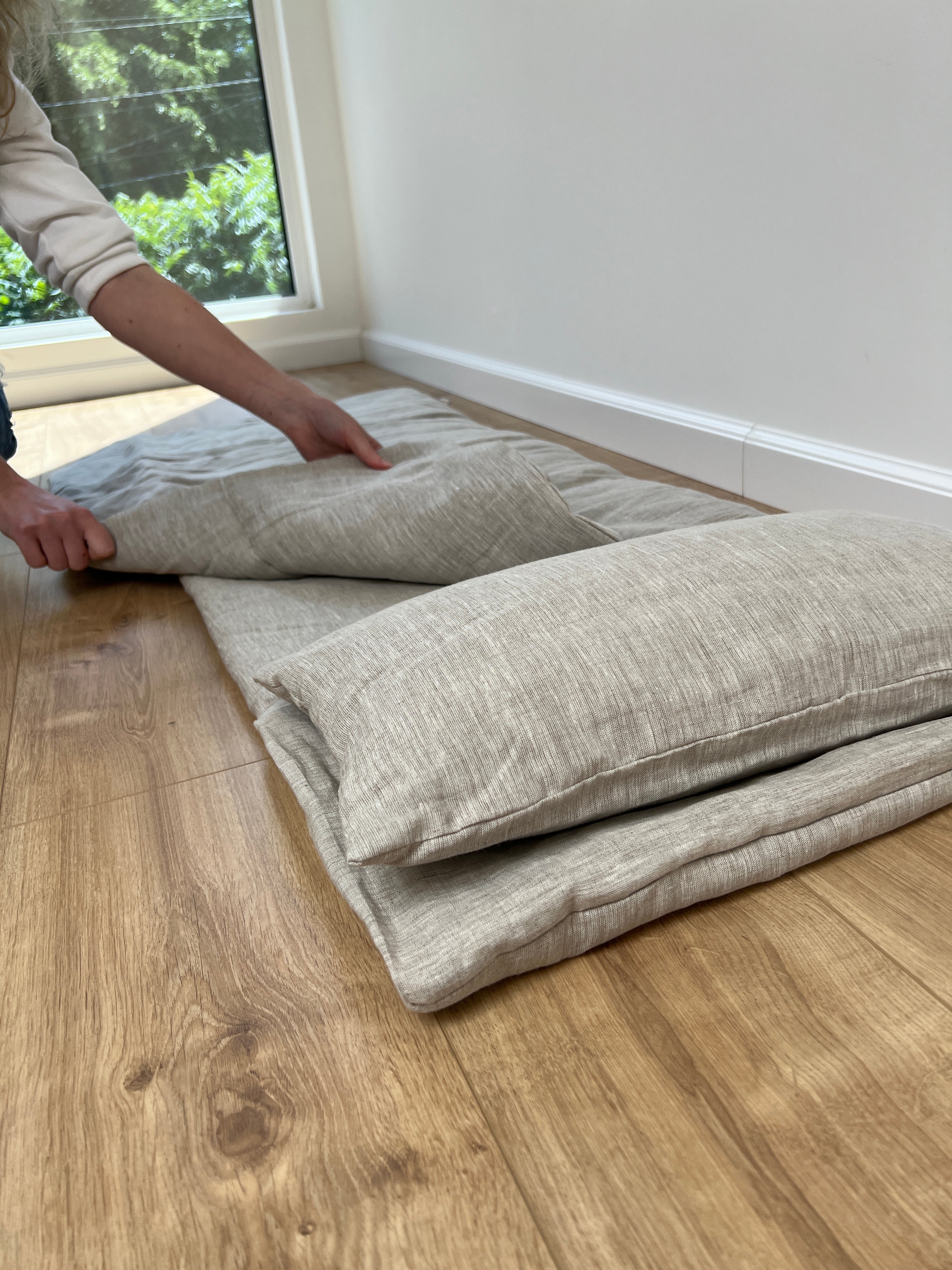 Kinder Garden Hemp Linen Sleep Bag with Pillow School Nap Mat Kids Organic Hemp Fiber Filling in Linen Fabric blanket quilt, hand made