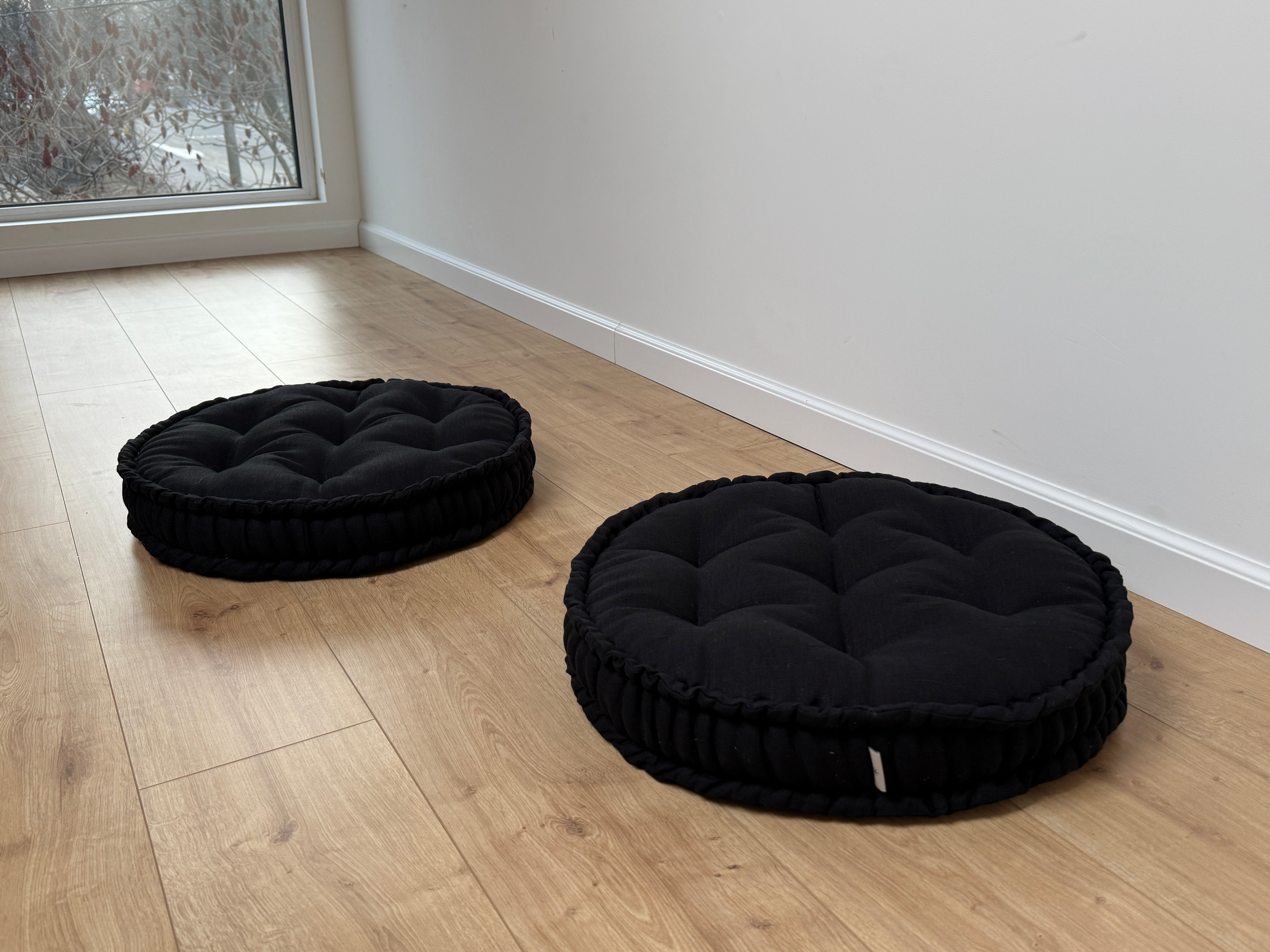 Black Round Hemp Cushion Hemp fiber filling in Linen fabric natural organic Floor cushion Meditation pillow custom made size