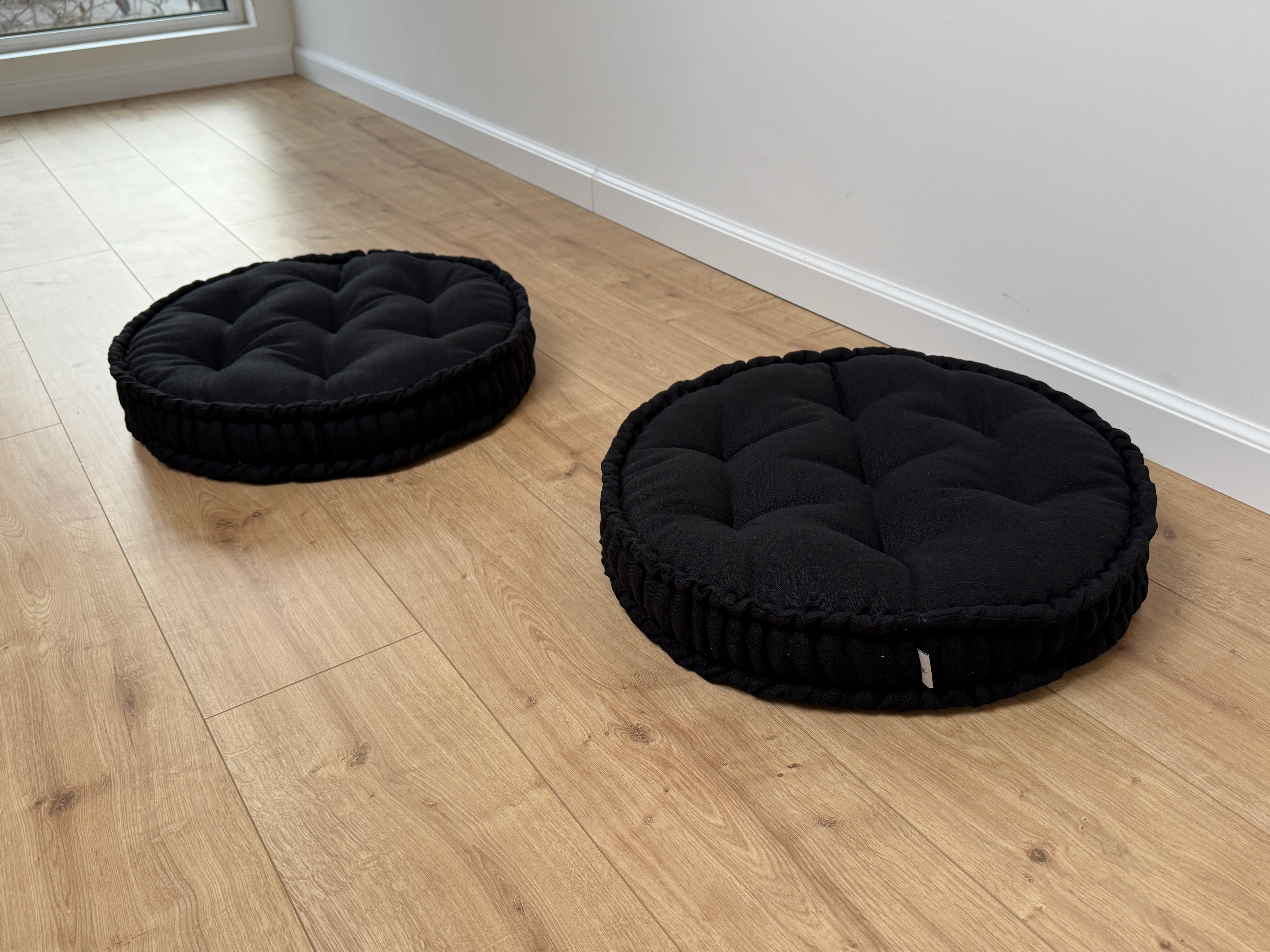 Black Round Hemp Cushion Hemp fiber filling in Linen fabric natural organic Floor cushion Meditation pillow custom made size