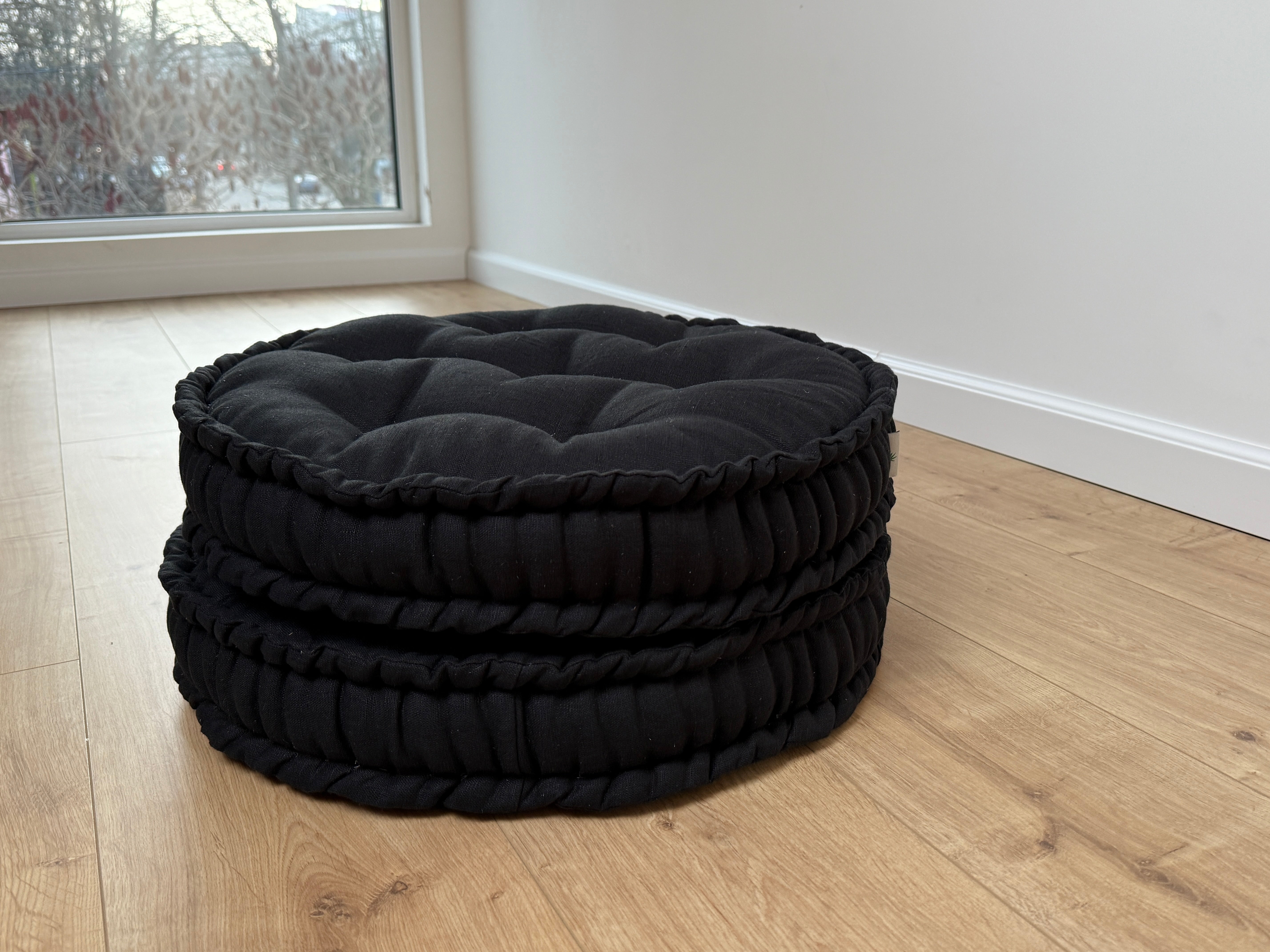 Black Round Hemp Cushion Hemp fiber filling in Linen fabric natural organic Floor cushion Meditation pillow custom made size