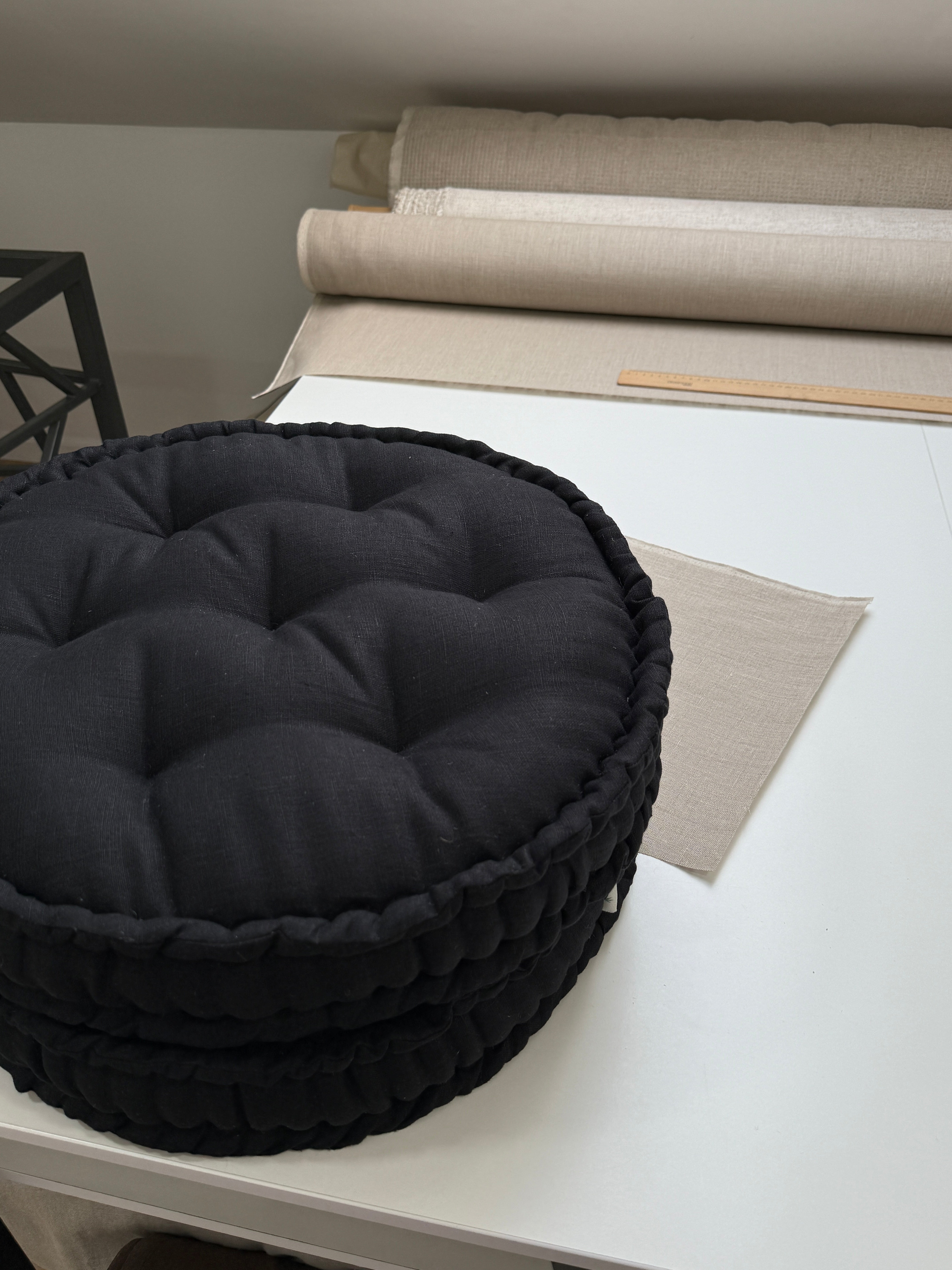 Black Round Hemp Cushion Hemp fiber filling in Linen fabric natural organic Floor cushion Meditation pillow custom made size