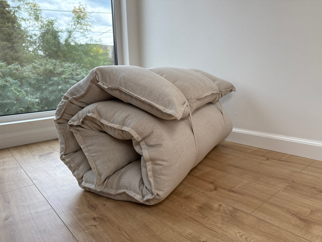 HEMP Topper / Futon / Shikibuton Mat 3” thick filled organic hemp fiber filler in Hemp fabric Custom Size Hand made