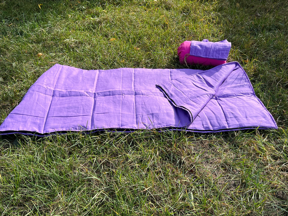 Organic HEMP Sleeping Bag in Linen Fabric bright Pink Lilac colors for your mood -organic hemp fiber filling - blanket, hand made