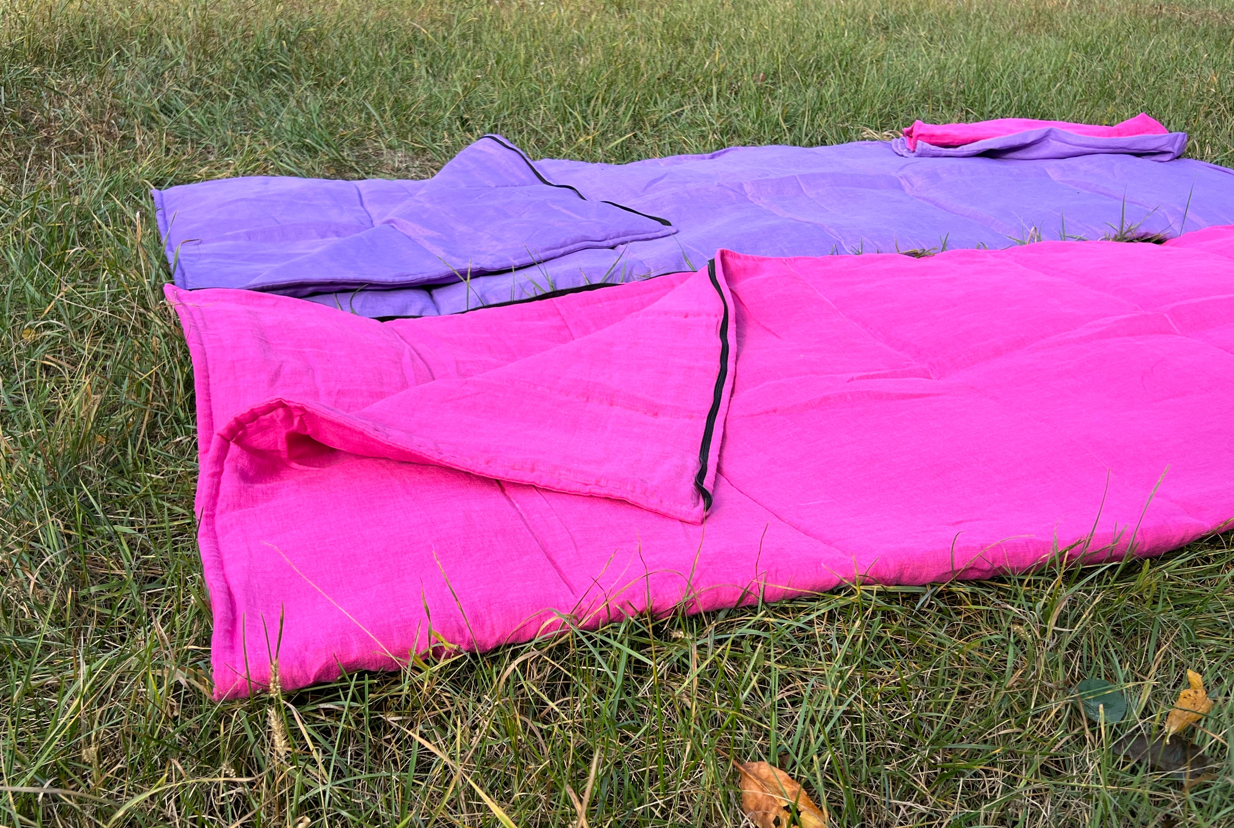 Organic HEMP Sleeping Bag in Linen Fabric bright Pink Lilac colors for your mood -organic hemp fiber filling - blanket, hand made
