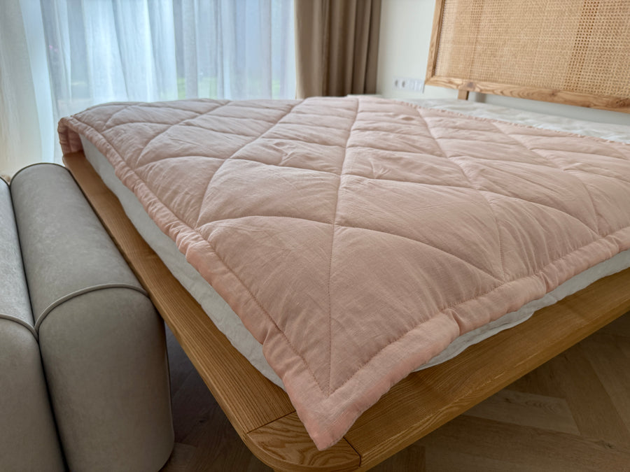 HEMP Linen viscose Blanket organic Hemp fiber filling in Natural Tender Peach Linen viscose Fabric cozy organic hand made Quilted blanket