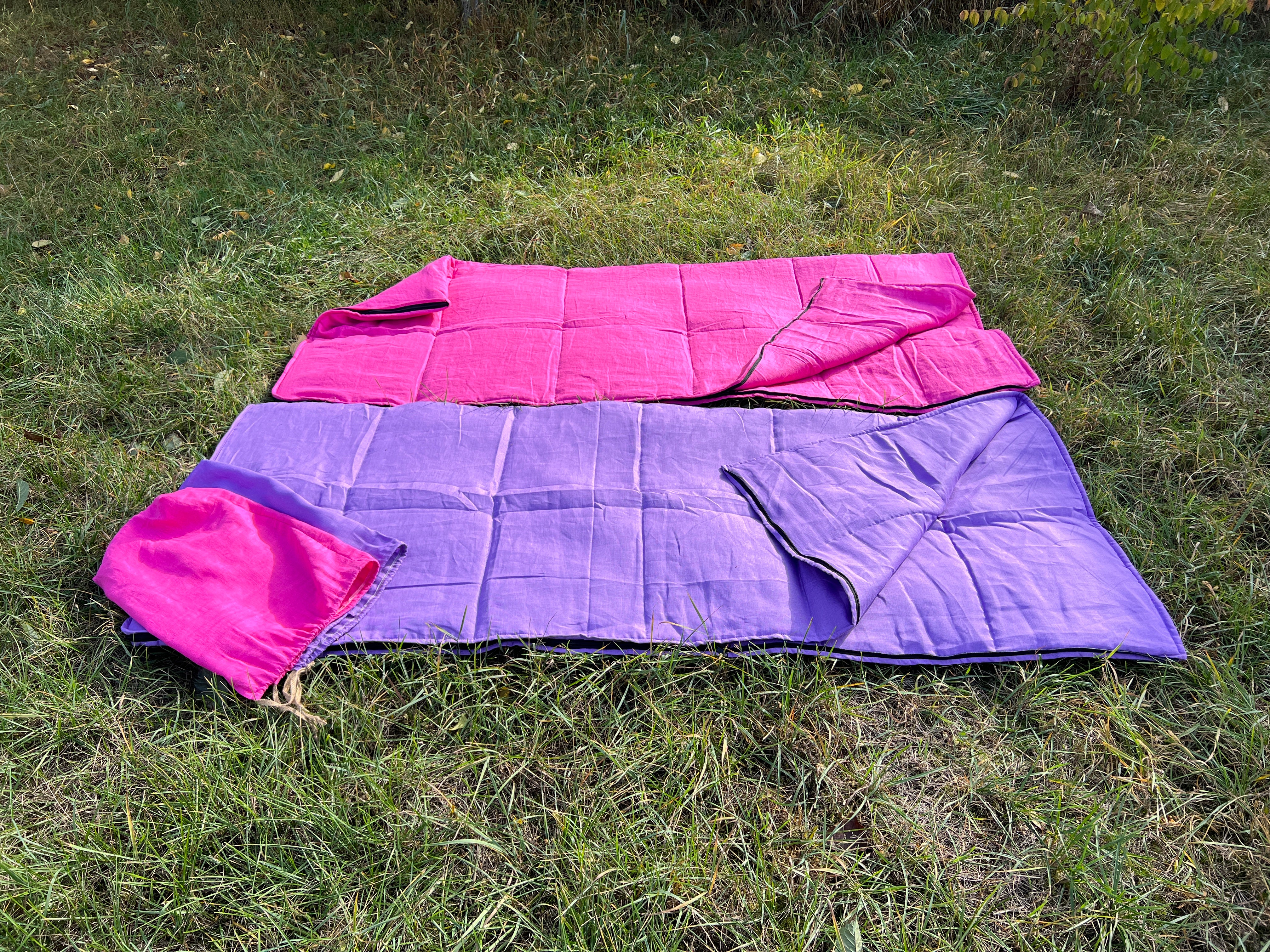 Organic HEMP Sleeping Bag in Linen Fabric bright Pink Lilac colors for your mood -organic hemp fiber filling - blanket, hand made