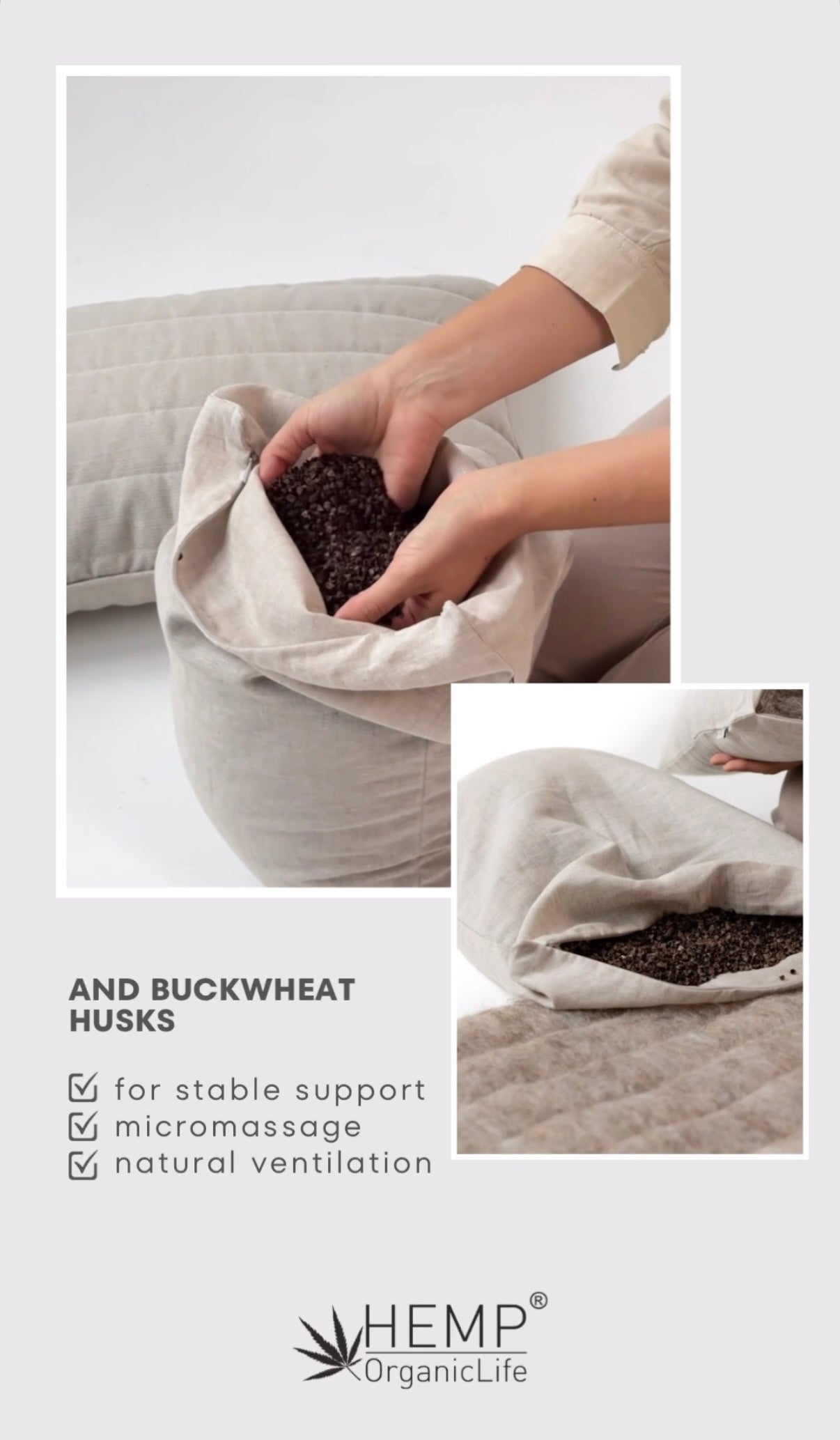 One Cover + Two Pillows Hemp quilted cover with Hemp filled pillow & Buckwheat hulls pillow Natural Choice for Conscious Sleep