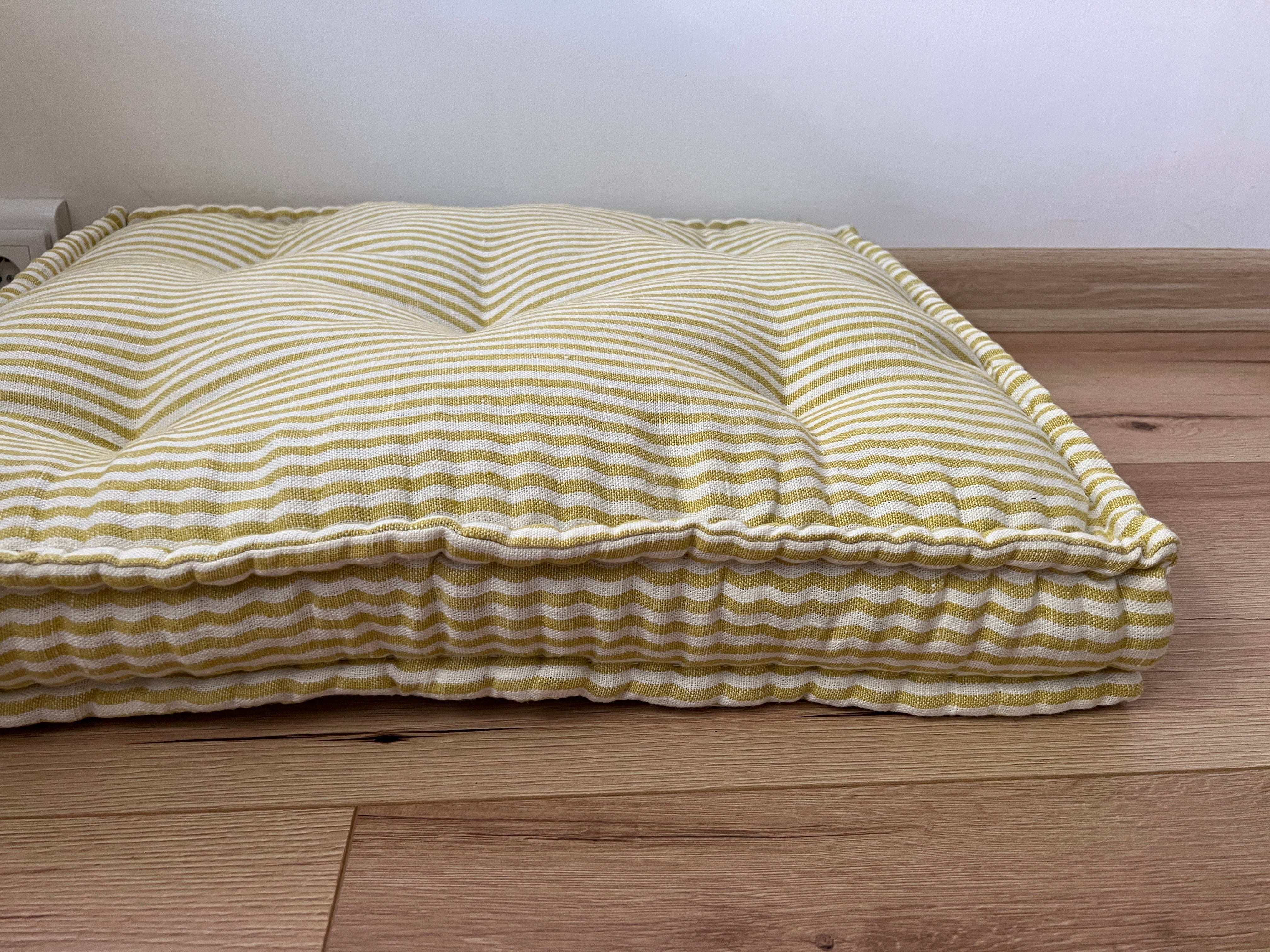 16" x 16" (40x40 cm) Hemp Custom made Window Mudroom Floor bench cushion "Lemon Stripes" filled organic hemp fiber in natural linen fabric