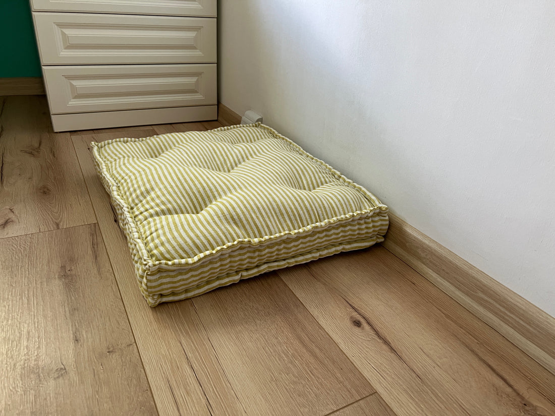 Hemp Custom made Window Mudroom Floor bench cushion "Yellow Stripes" filled organic hemp fiber in natural non-dyed linen fabric
