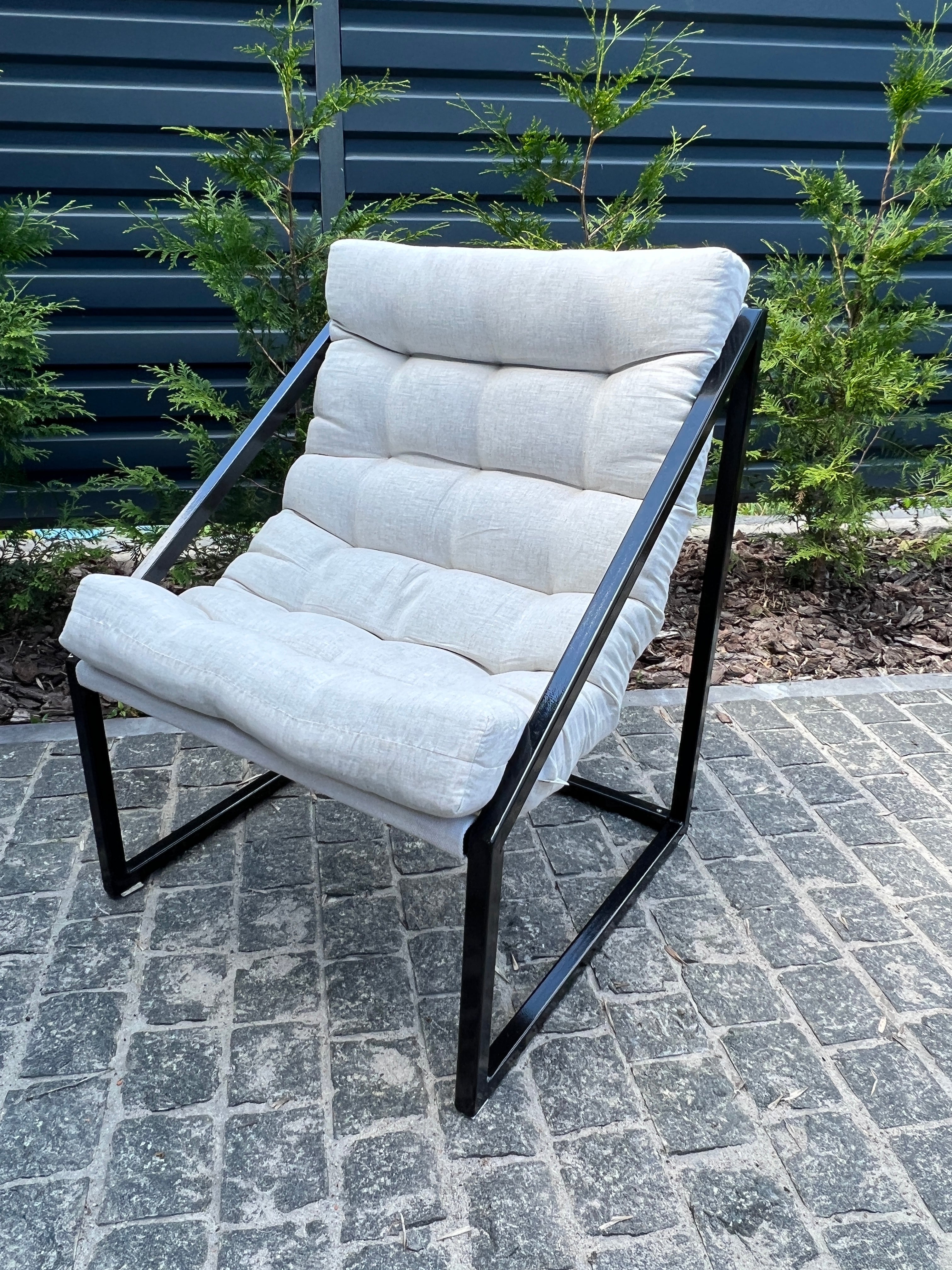 Hemp Chair Cushion with Metal Armchair Lounge Sling Chair Thick Linen Fabric Modern Minimalist Scandinavian Hand Made to order