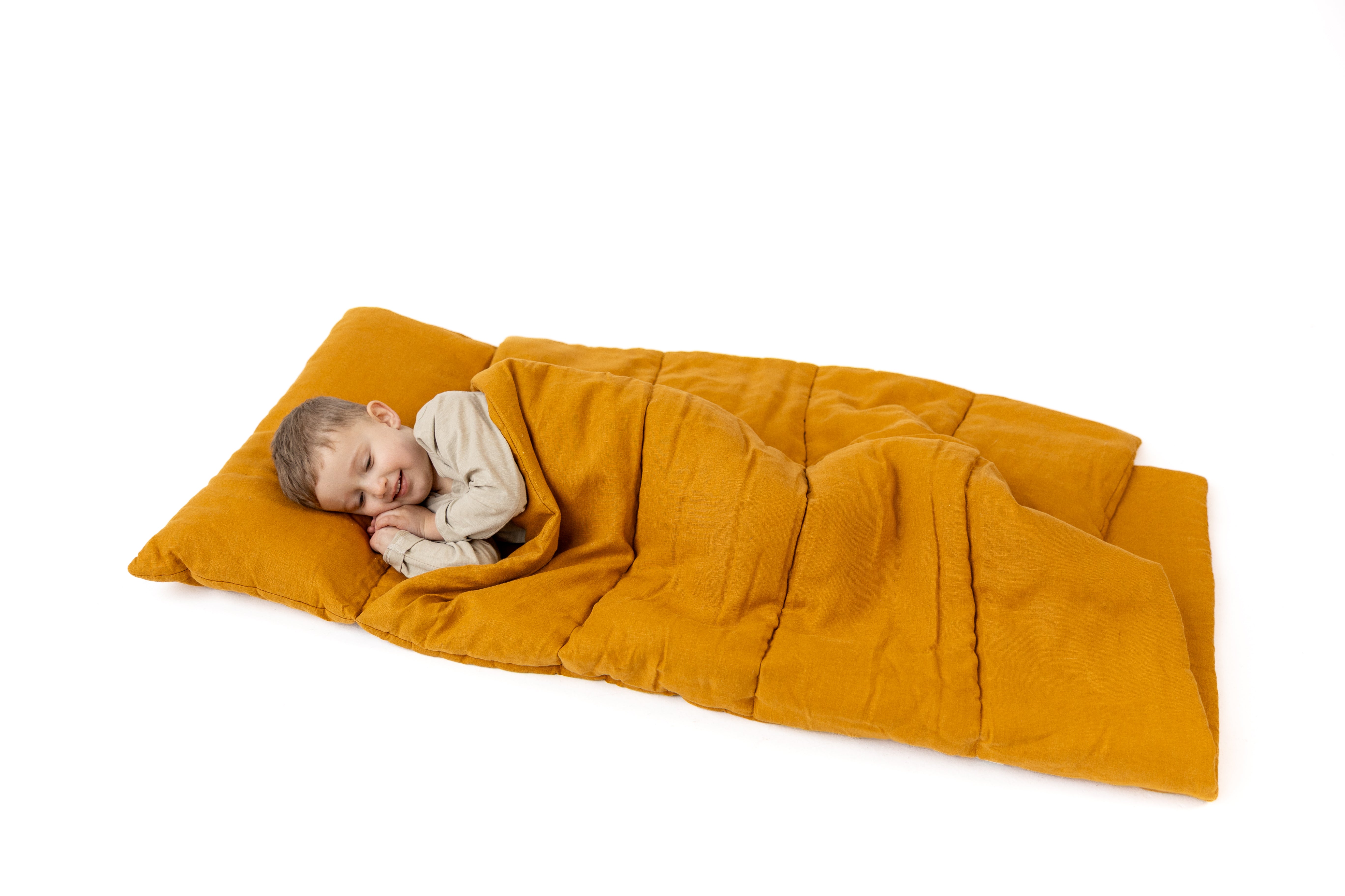 Kindergarten Hemp Linen Sleeping Bag with Pillow School Nap Mat Kids Organic Hemp Fiber Filling in mustard Linen Fabric hand made