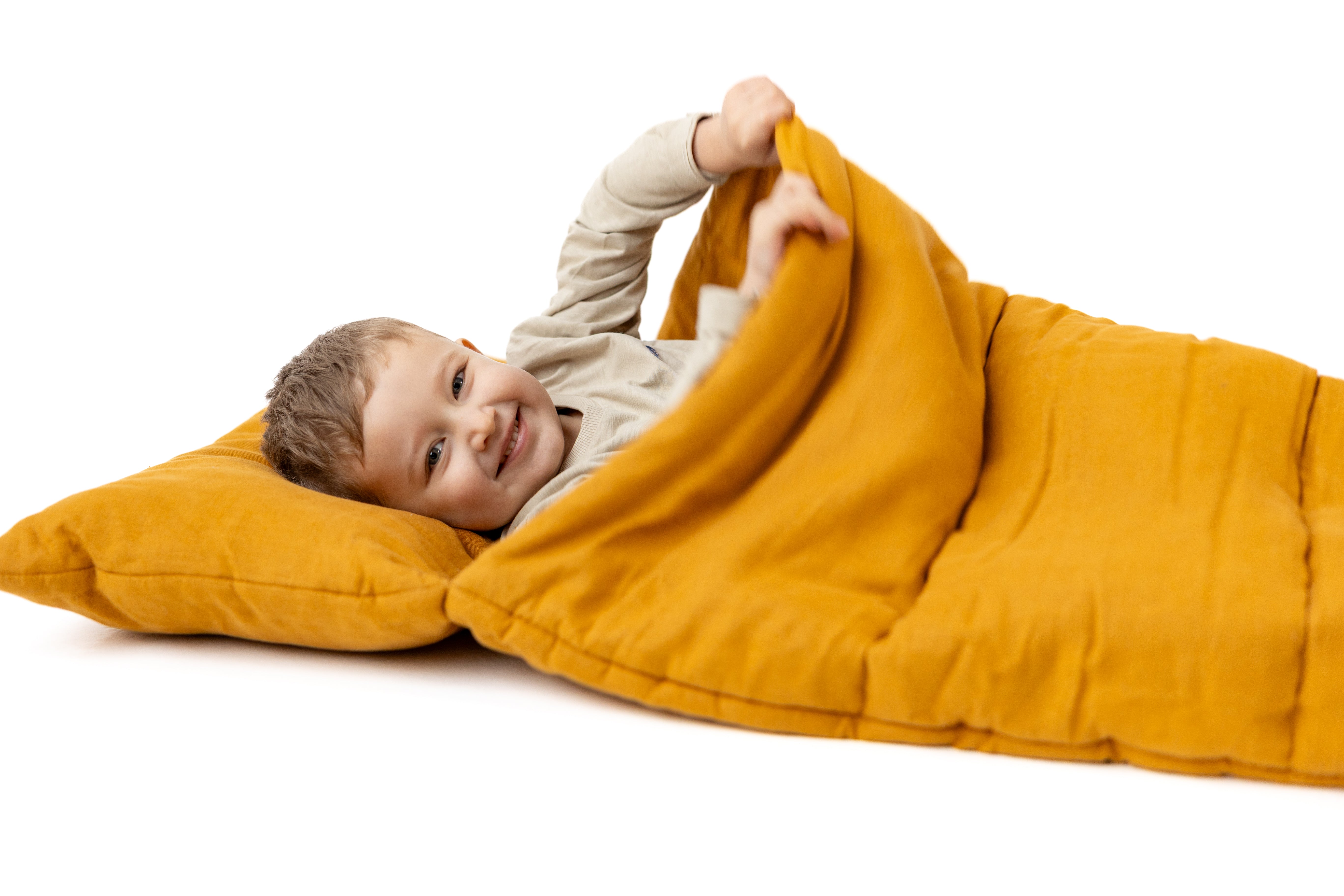 Kindergarten Hemp Linen Sleeping Bag with Pillow School Nap Mat Kids Organic Hemp Fiber Filling in mustard Linen Fabric hand made